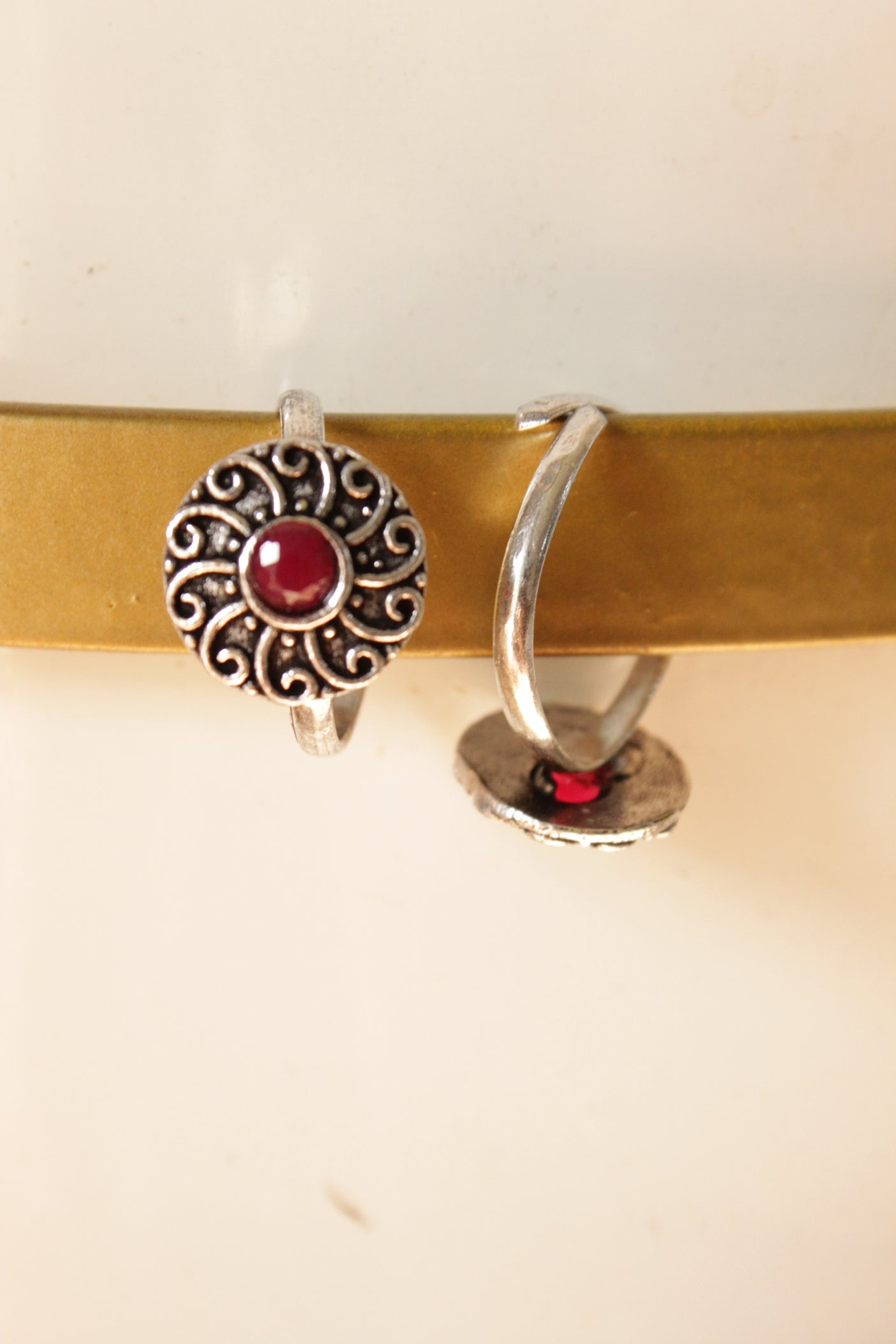 Oxidised Finish Flower Motif Red Stone Embedded Set of 2 Toe Rings