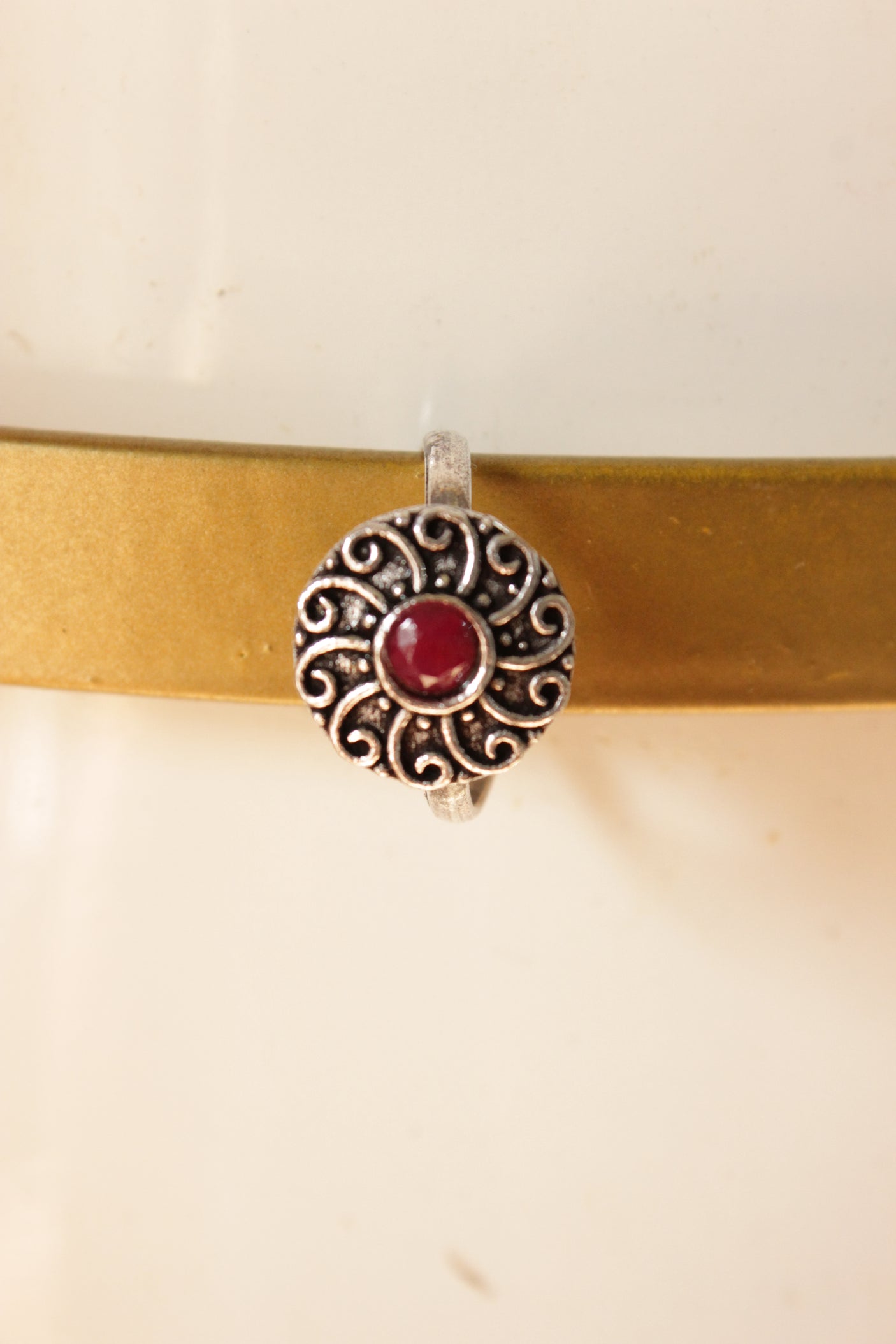 Oxidised Finish Flower Motif Red Stone Embedded Set of 2 Toe Rings