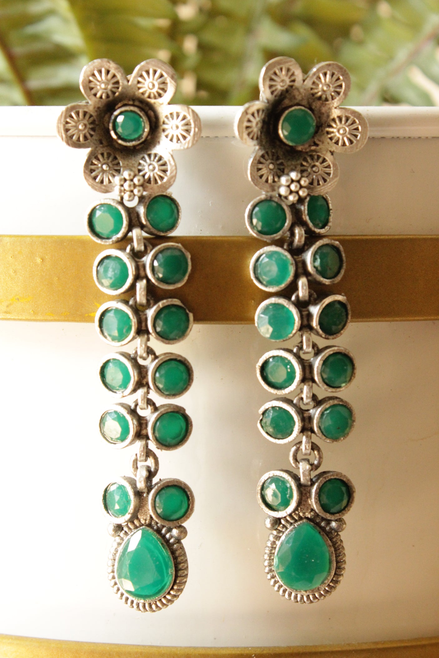 Green Glass Stones Embedded Silver Finish Brass Drop Dangler Earrings