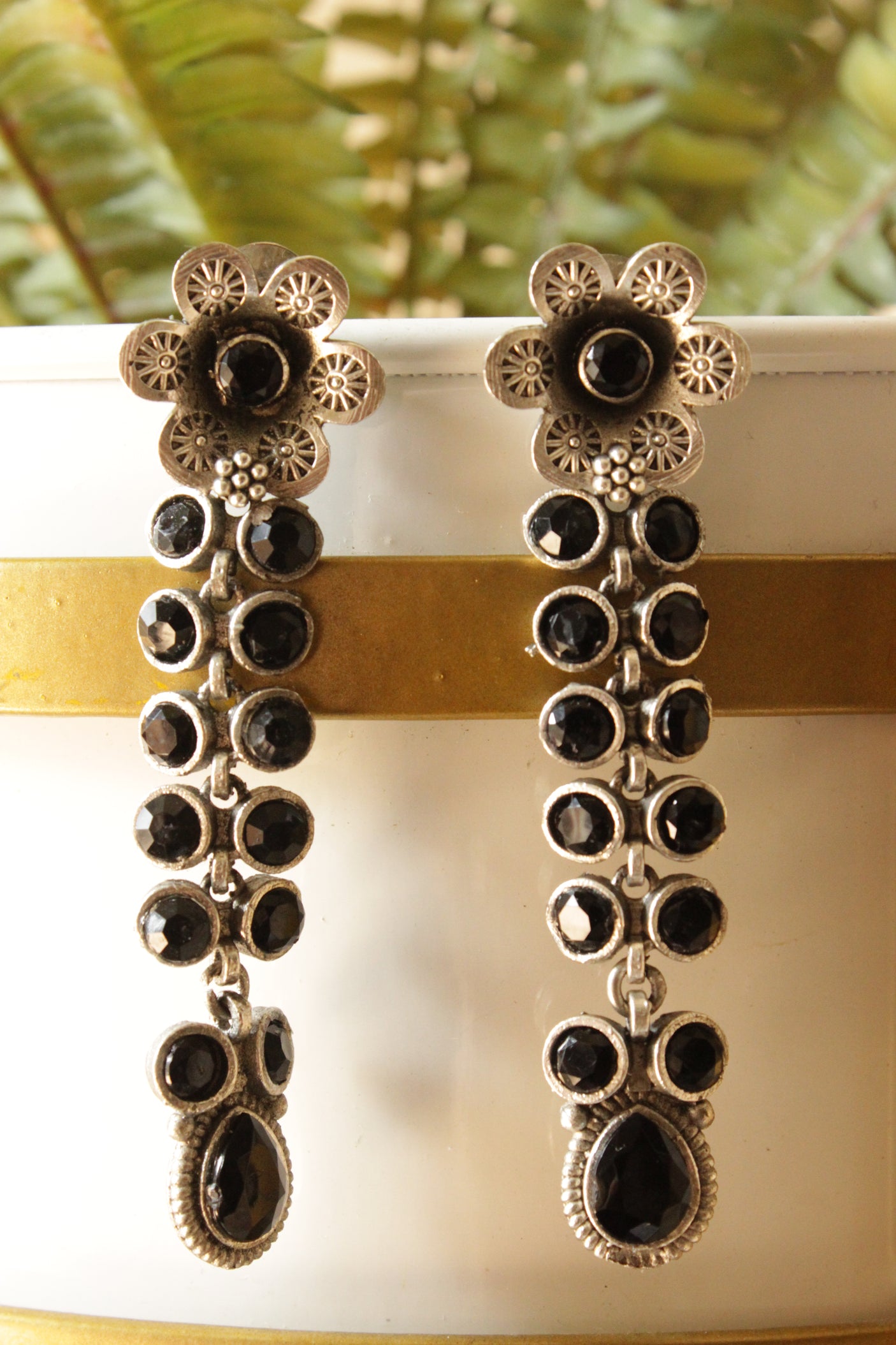 Black Glass Stones Embedded Silver Finish Brass Drop Dangler Earrings