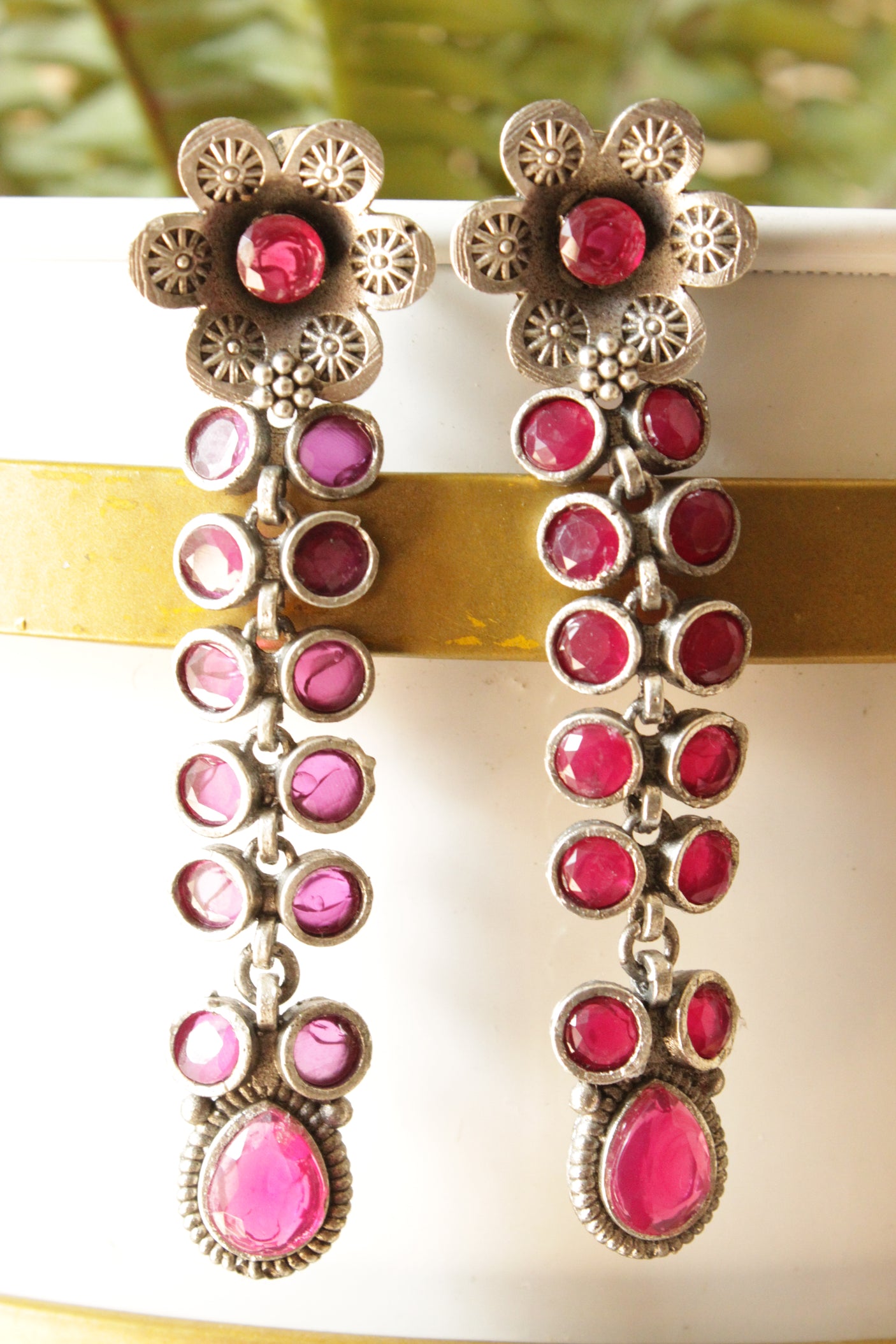 Fuchsia Glass Stones Embedded Silver Finish Brass Drop Dangler Earrings