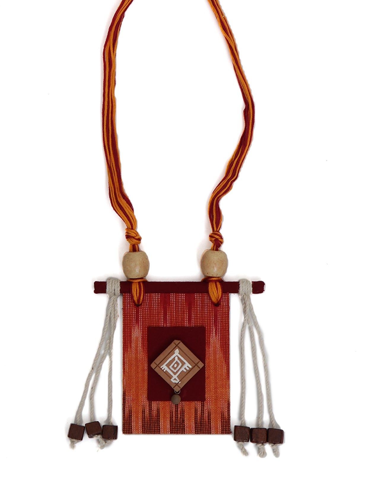 Orange Ikat Fabric Necklace Set with Wooden Beads Strands and Thread Closure