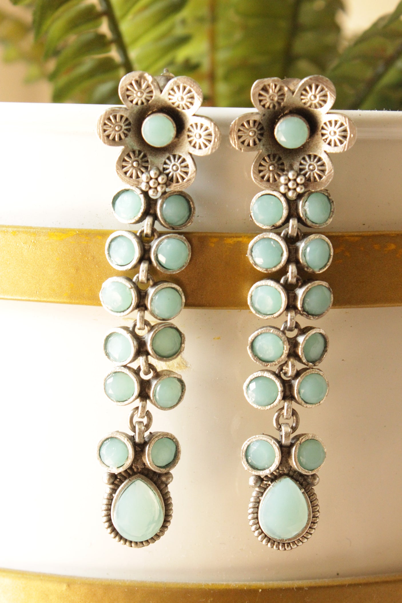 Turquoise Glass Stones Embedded Silver Finish Brass Drop Dangler Earrings