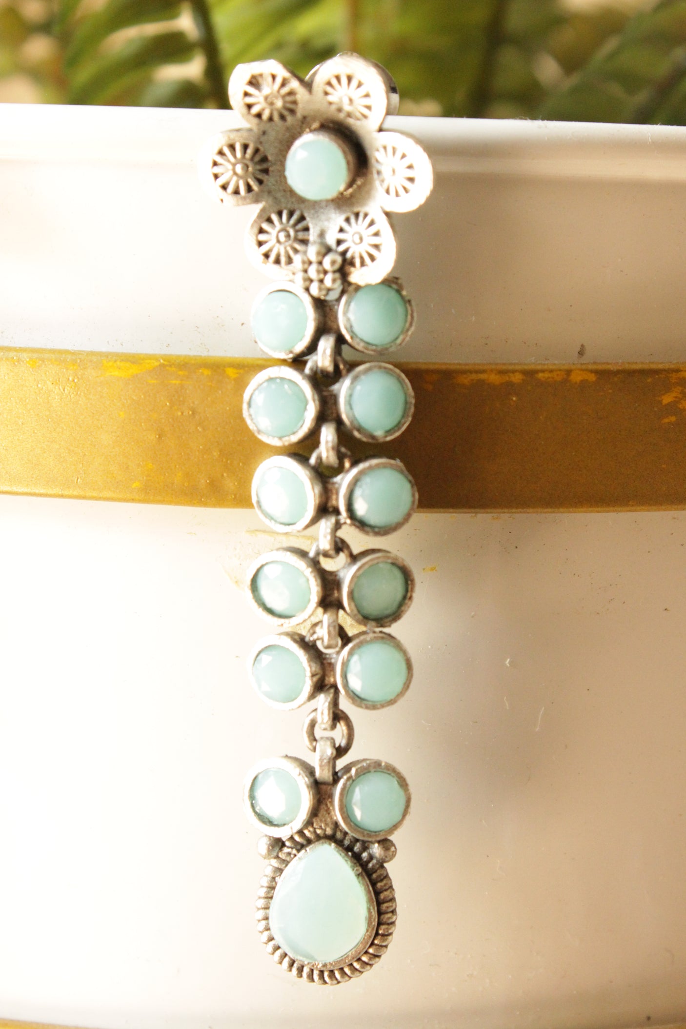 Turquoise Glass Stones Embedded Silver Finish Brass Drop Dangler Earrings