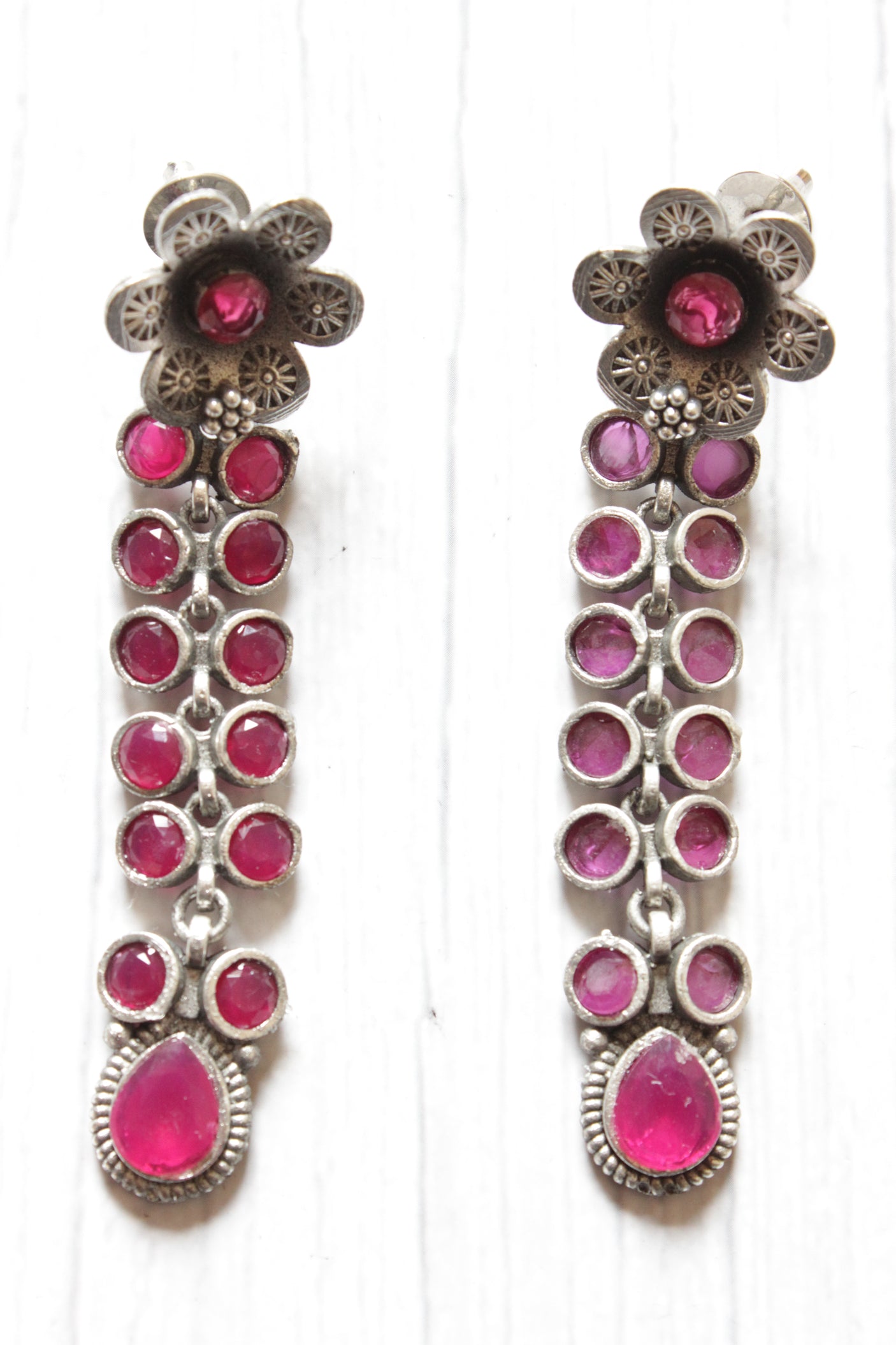 Fuchsia Glass Stones Embedded Silver Finish Brass Drop Dangler Earrings