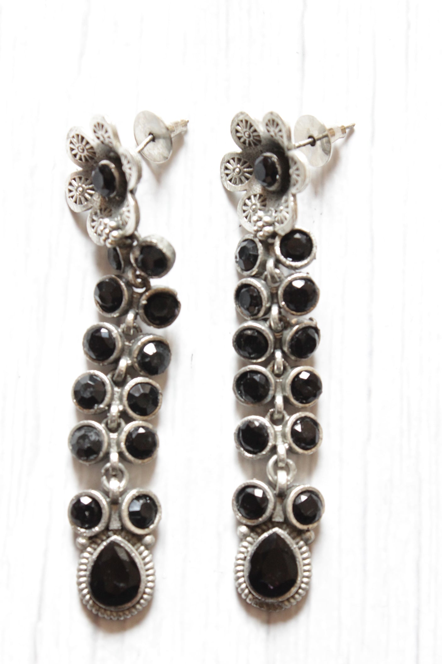 Black Glass Stones Embedded Silver Finish Brass Drop Dangler Earrings