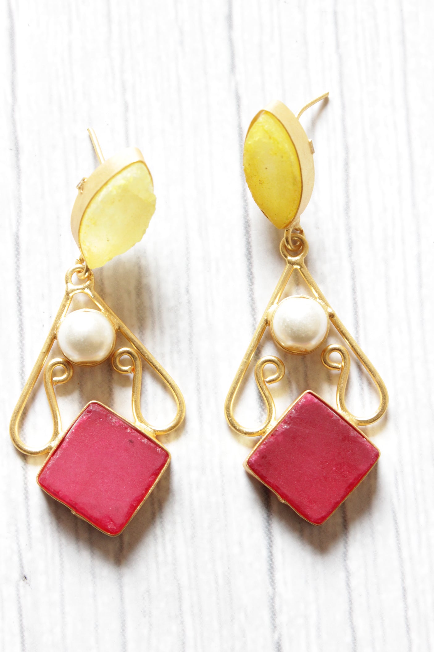 Ruby Red and Lemon Yellow Sugar Druzy Natural Gemstone Embedded Brass Dangler Earrings