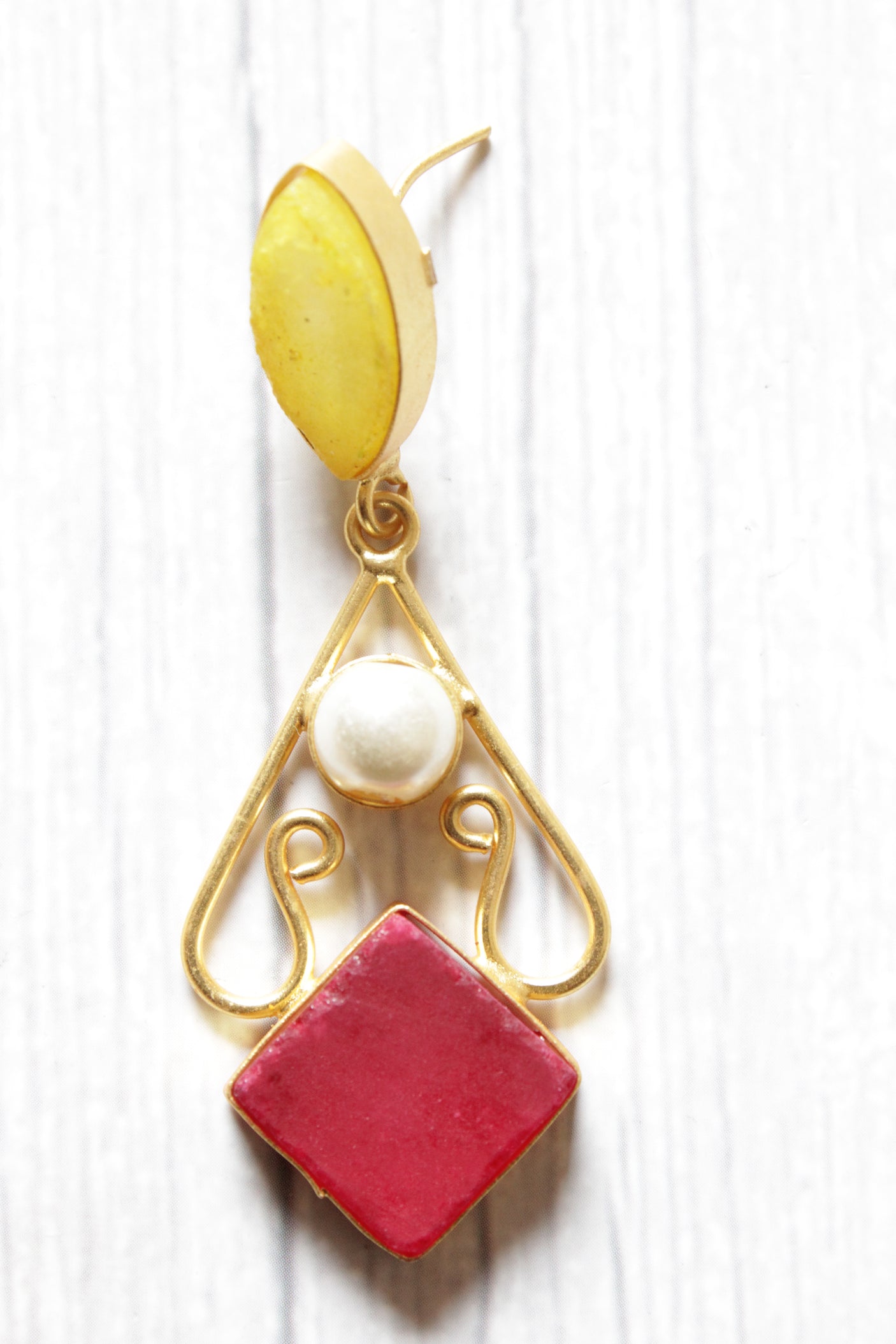Ruby Red and Lemon Yellow Sugar Druzy Natural Gemstone Embedded Brass Dangler Earrings