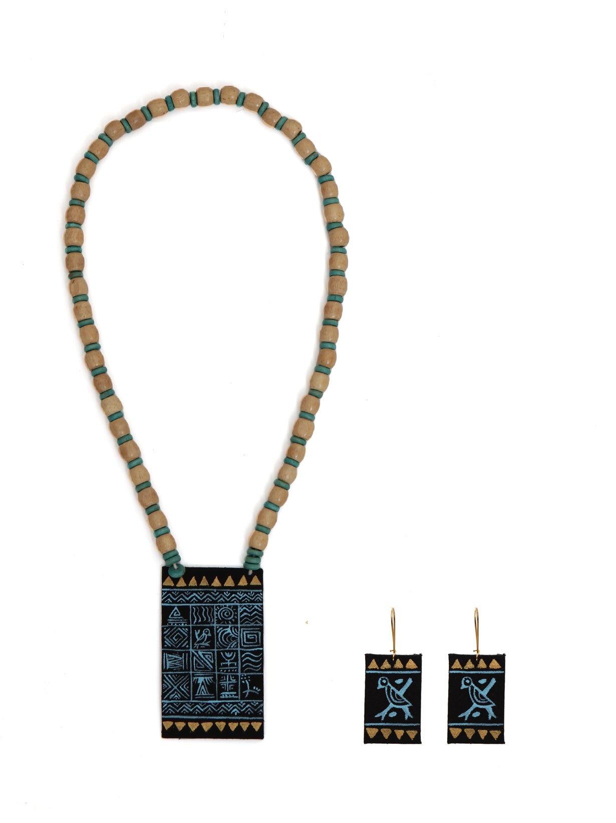 Wooden Beads Fabric Necklace Set with Handpainted Nature Motifs (Black)