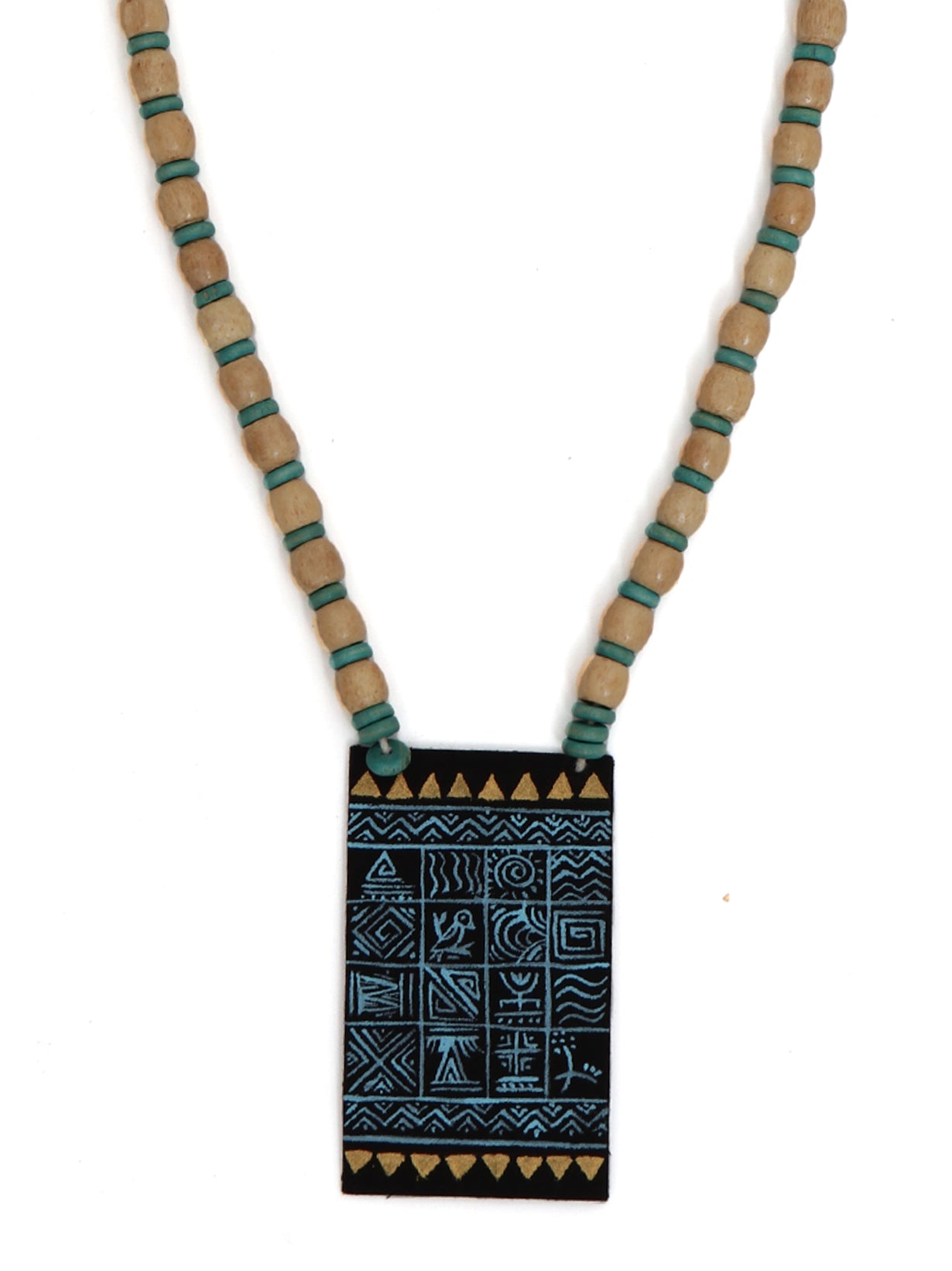 Wooden Beads Fabric Necklace Set with Handpainted Nature Motifs (Black)