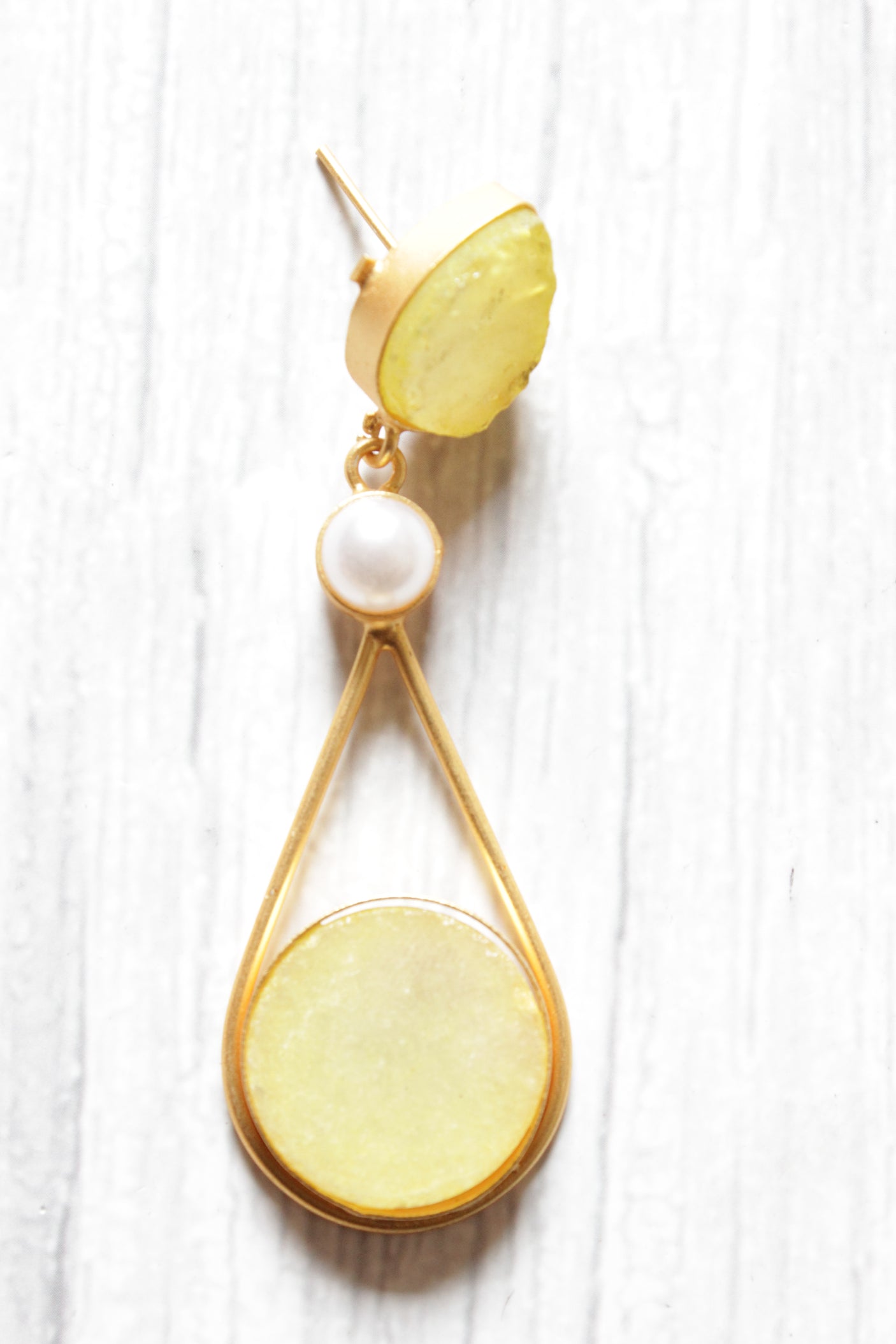 Lemon Yellow Natural Gemstones Embedded Brass Dangler Earrings