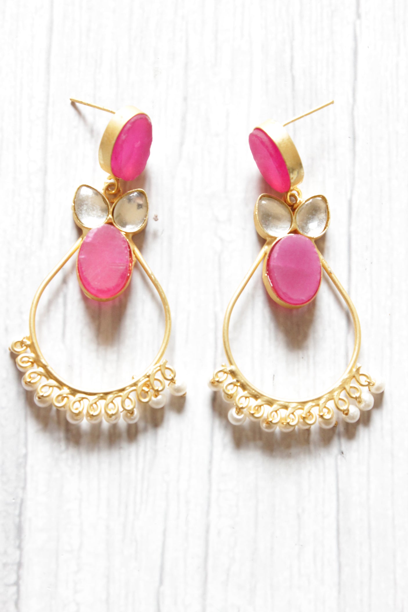 Fuchsia Natural Gemstones Embedded Brass Dangler Earrings