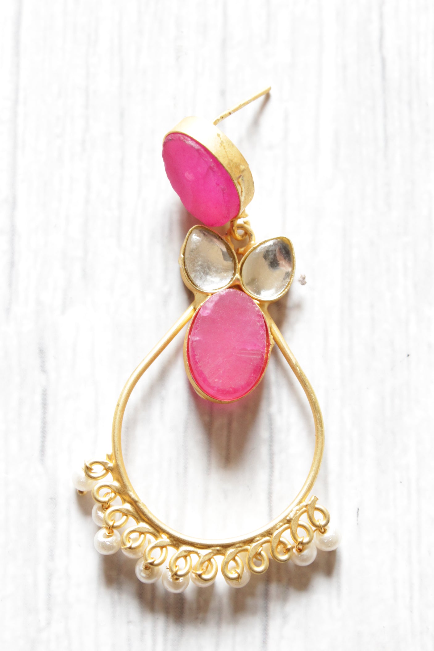 Fuchsia Natural Gemstones Embedded Brass Dangler Earrings