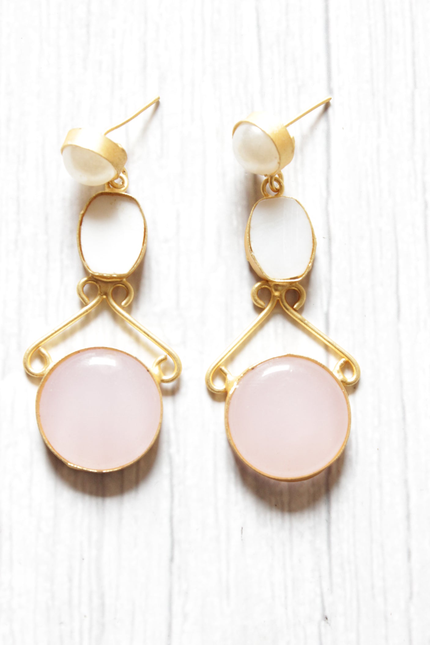 Baby Pink and Ivory Natural Gemstones Embedded Brass Dangler Earrings