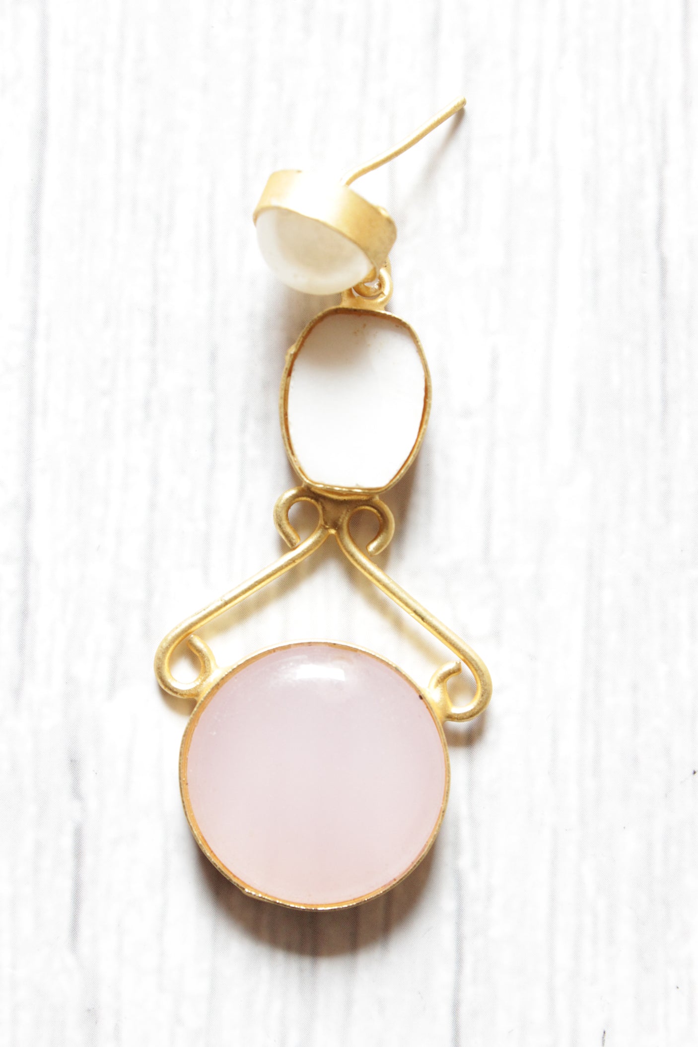 Baby Pink and Ivory Natural Gemstones Embedded Brass Dangler Earrings