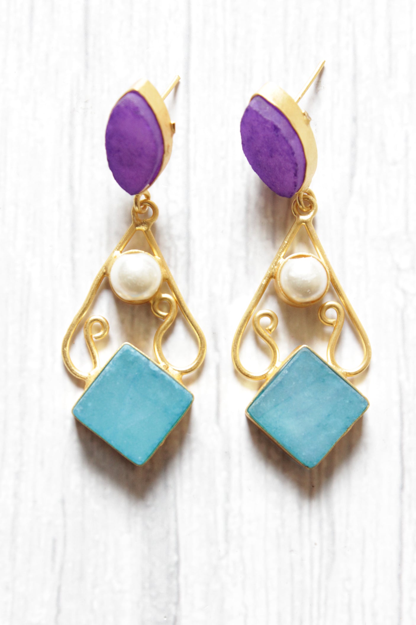 Violet and Sky Blue Natural Gemstones Embedded Brass Dangler Earrings