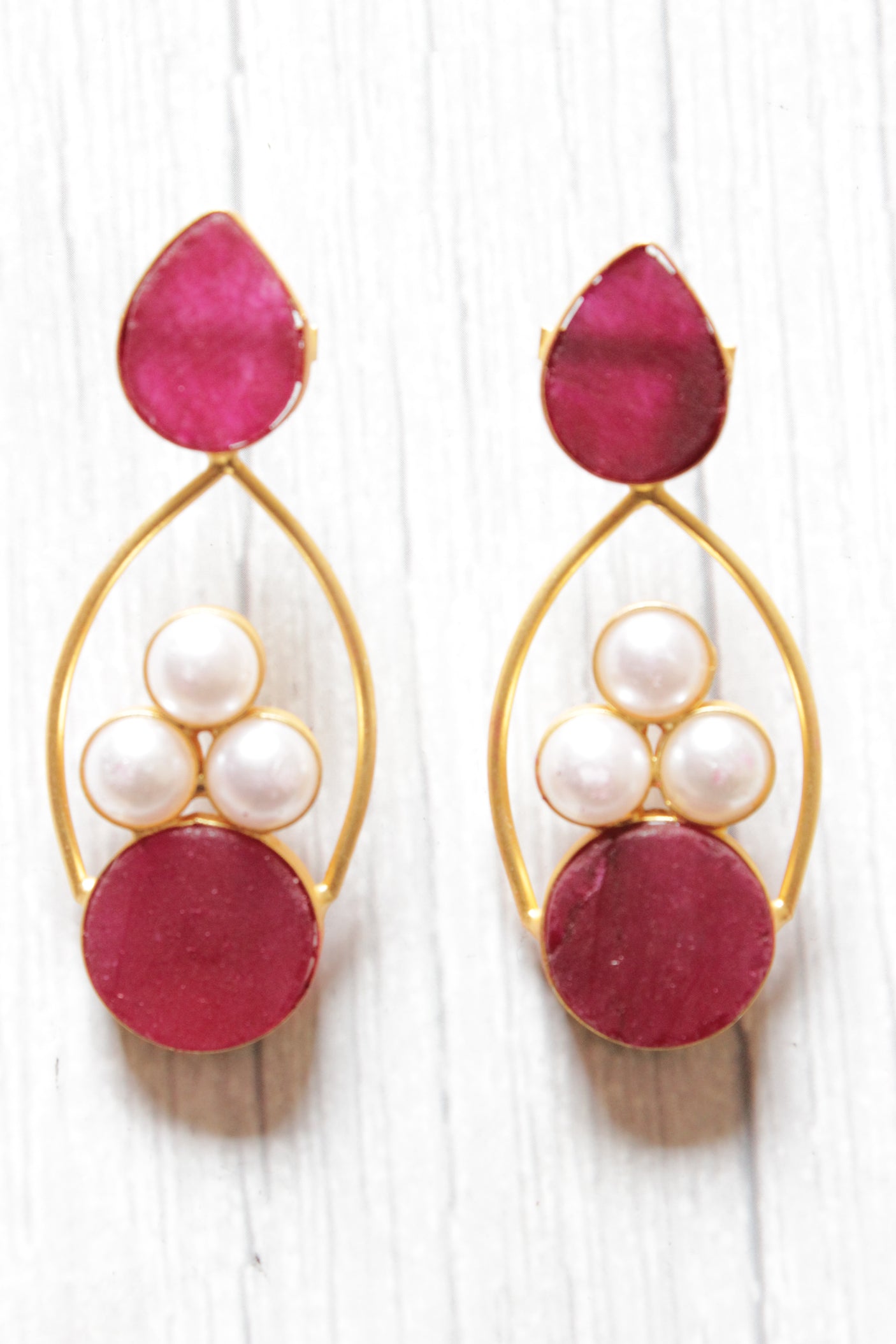 Bridal Plum Natural Gemstones Embedded Brass Dangler Earrings
