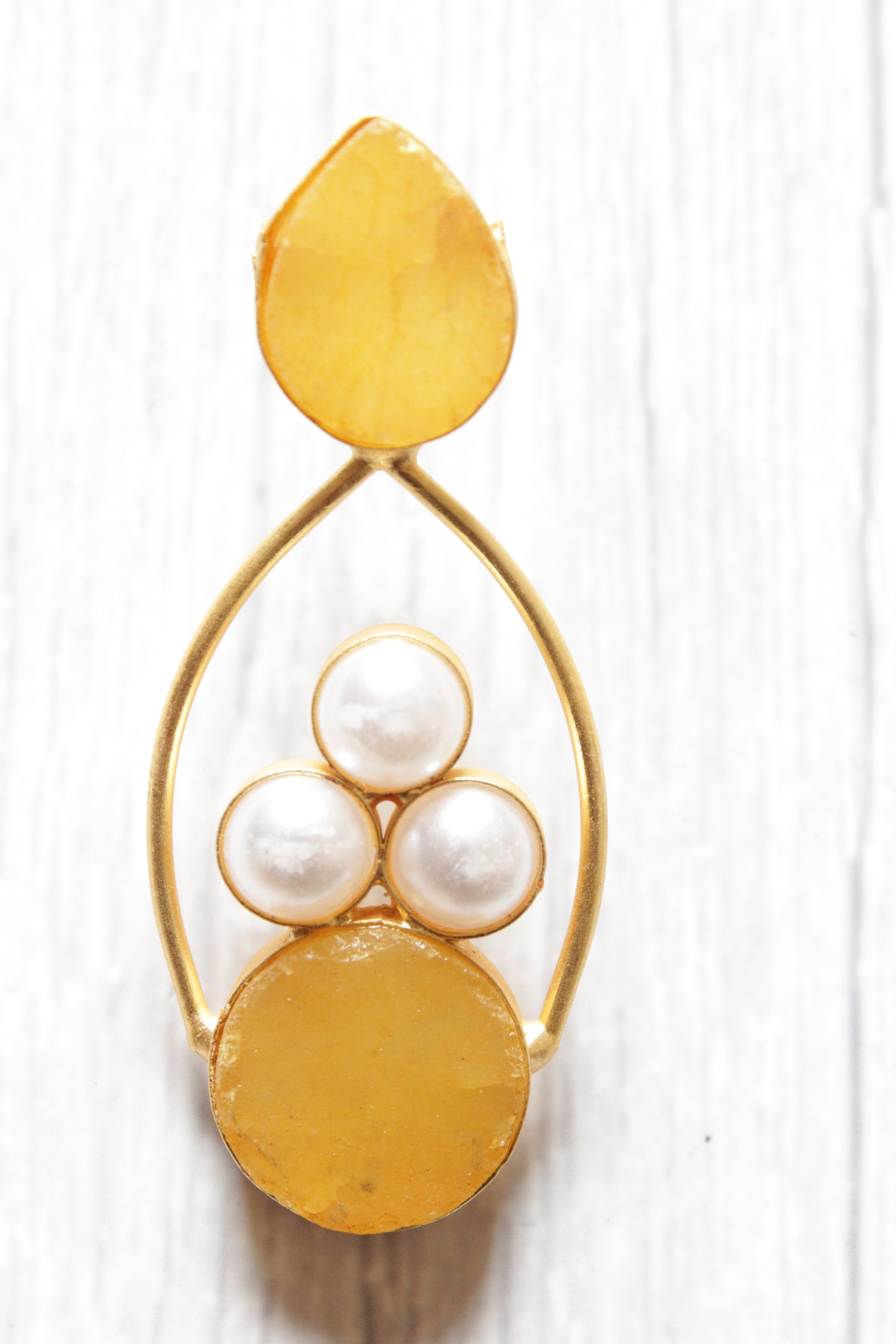 Lemon Yellow Natural Gemstones Embedded Brass Dangler Earrings