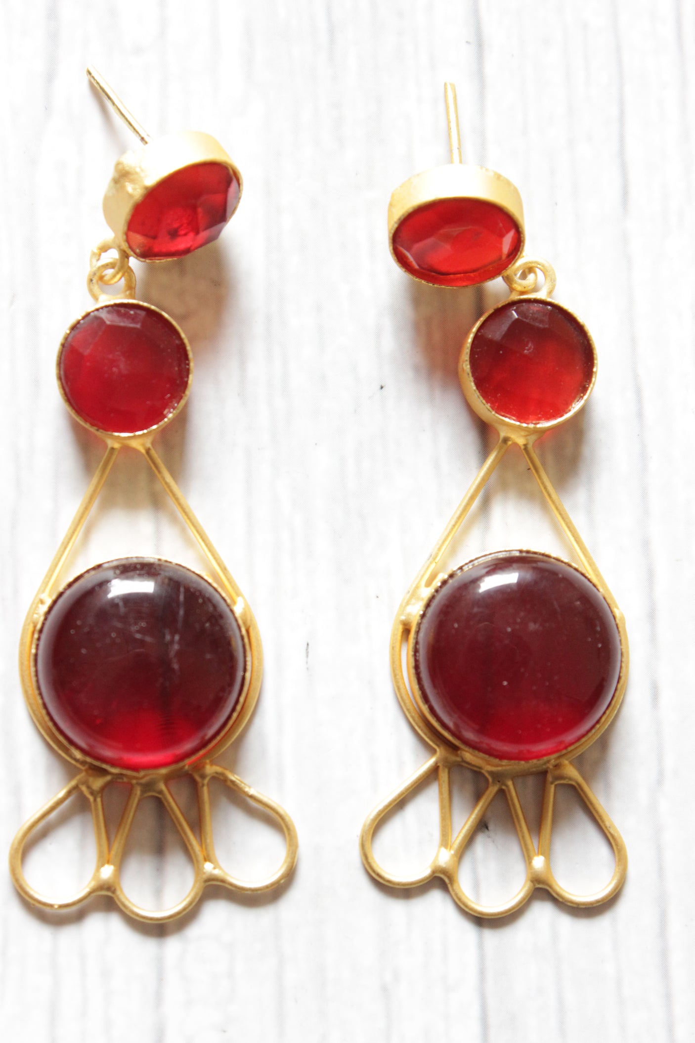 Ruby Red Natural Gemstones Embedded Brass Dangler Earrings