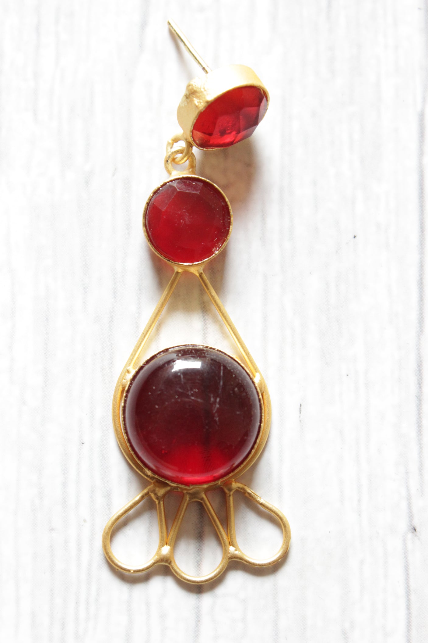 Ruby Red Natural Gemstones Embedded Brass Dangler Earrings