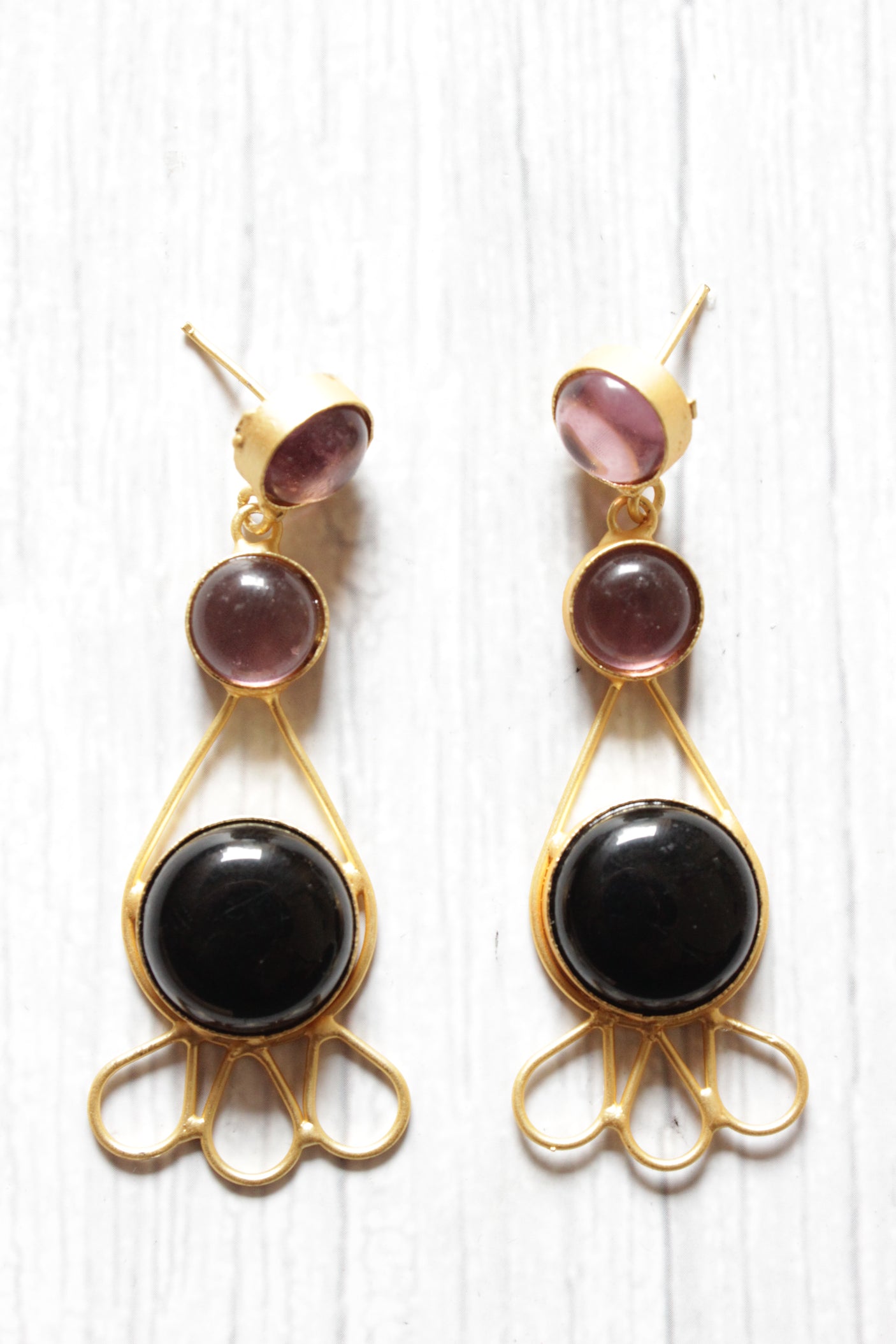 Red and Black Natural Gemstone Embedded Gold Plated Brass Dangler Earrings