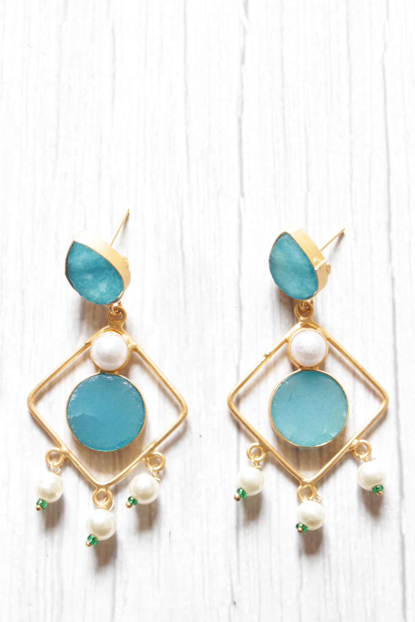 Sky Blue Natural Gemstone Embedded Gold Plated Brass Dangler Earrings