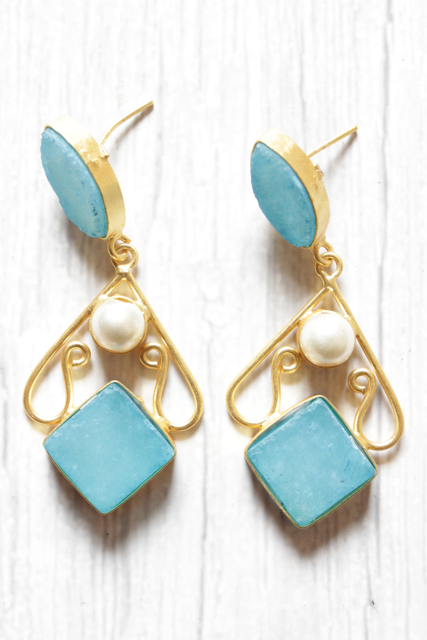 Turquoise Blue Natural Gemstone Embedded Gold Plated Brass Dangler Earrings