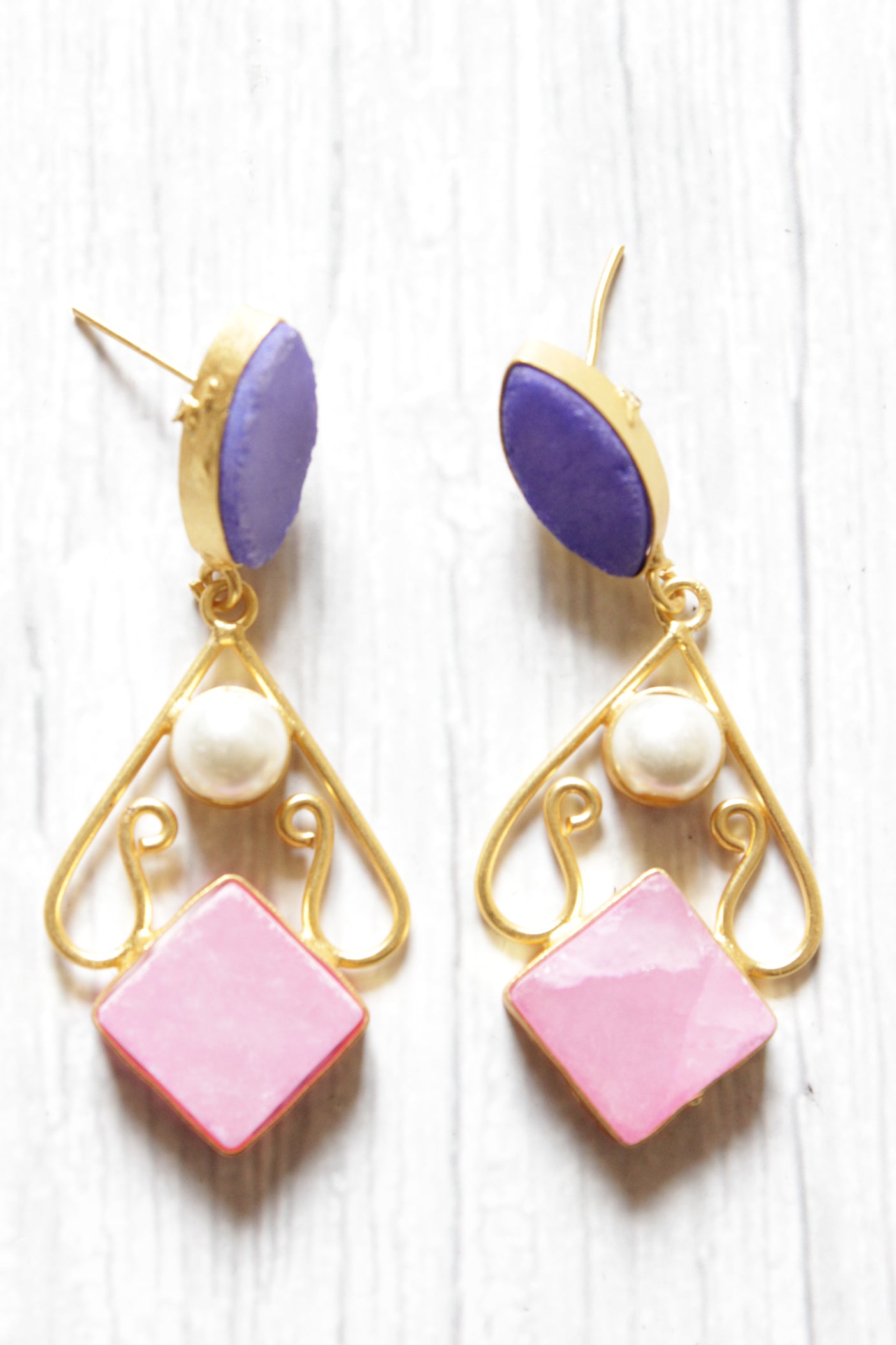 Violet and Pink Natural Gemstone Embedded Gold Plated Brass Dangler Earrings