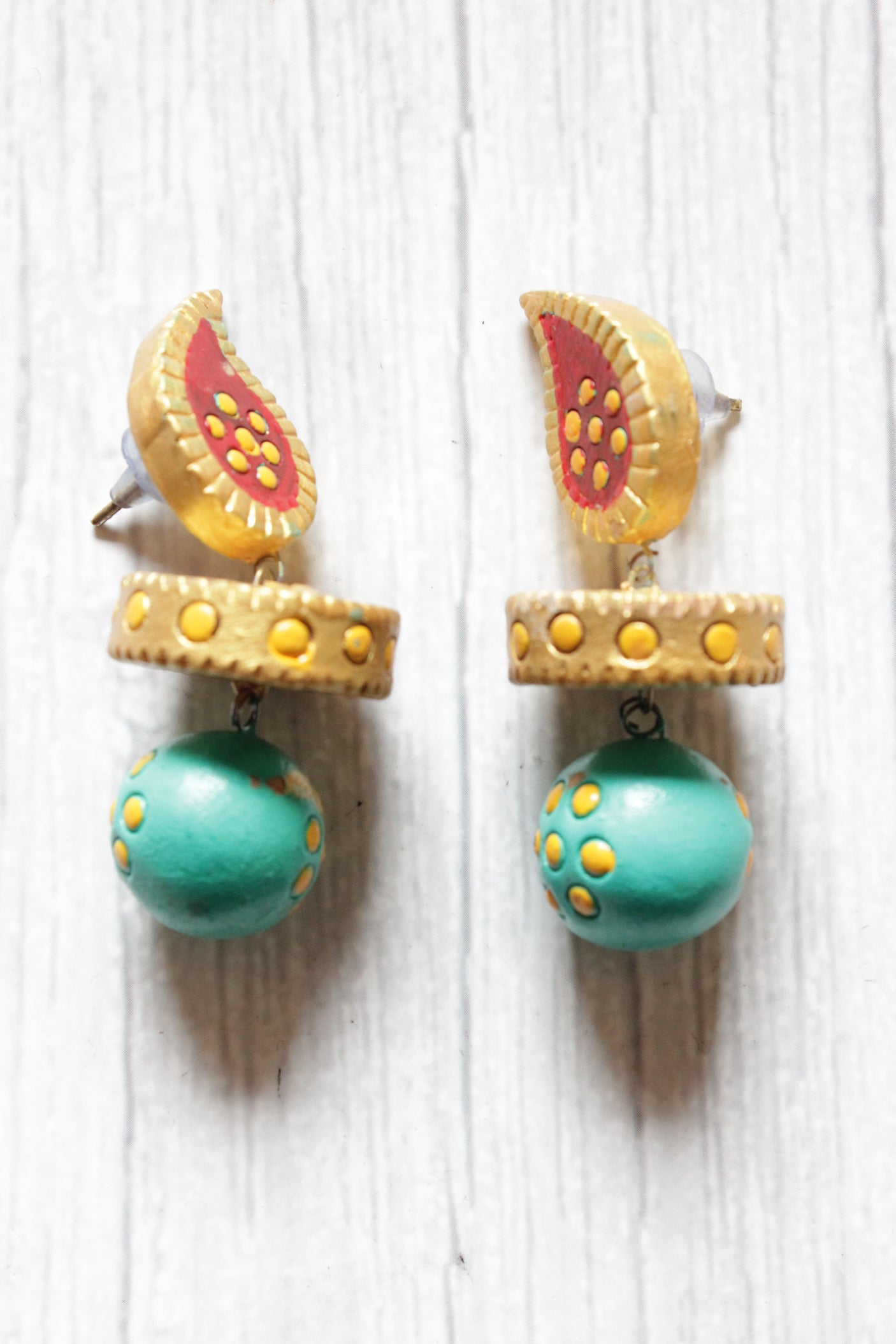 Handcrafted Gold and Turquoise Terracotta Clay Dangler Earrings