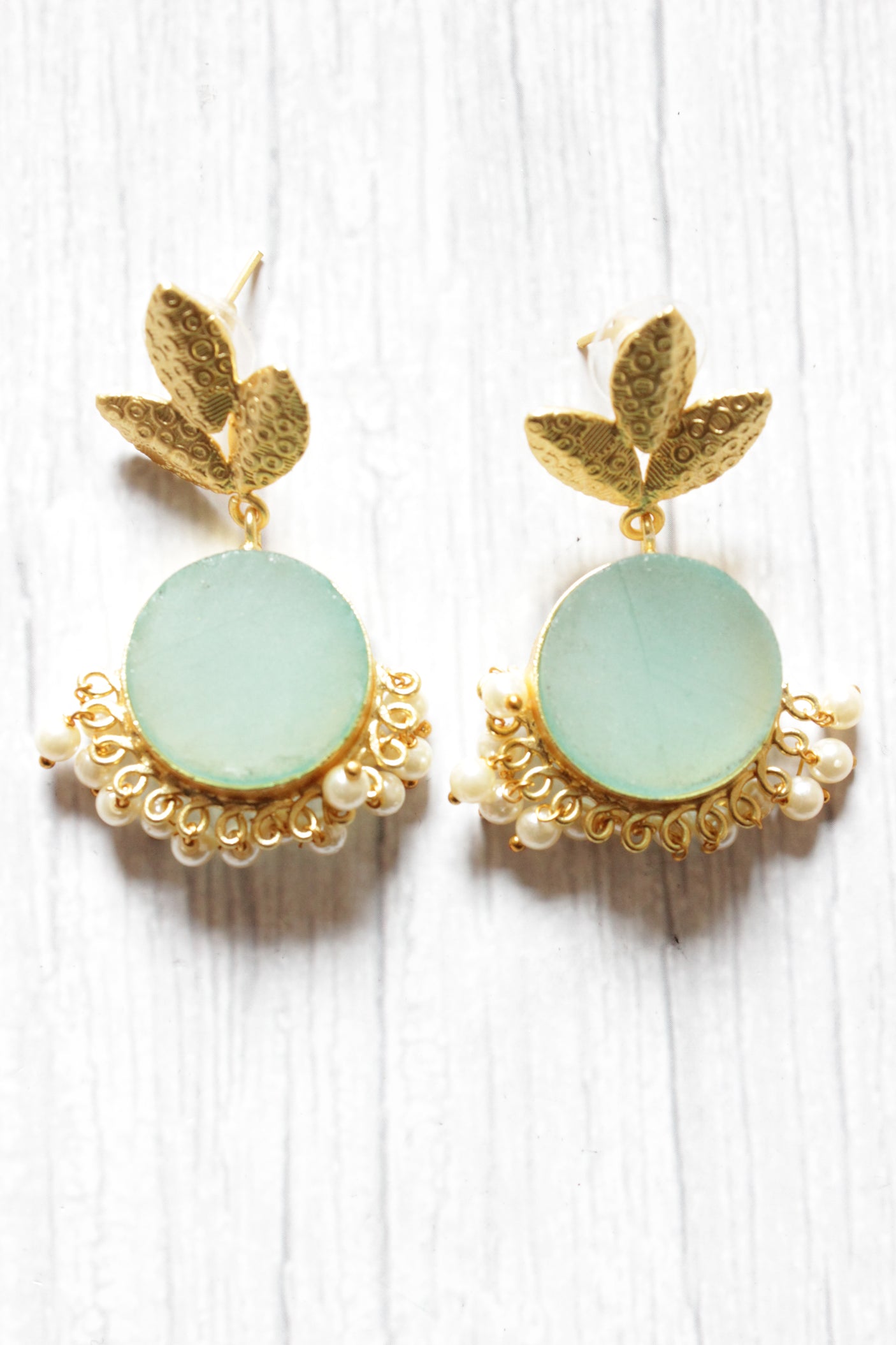 Celeste Blue Natural Gemstone Embedded Gold Plated Brass Dangler Earrings
