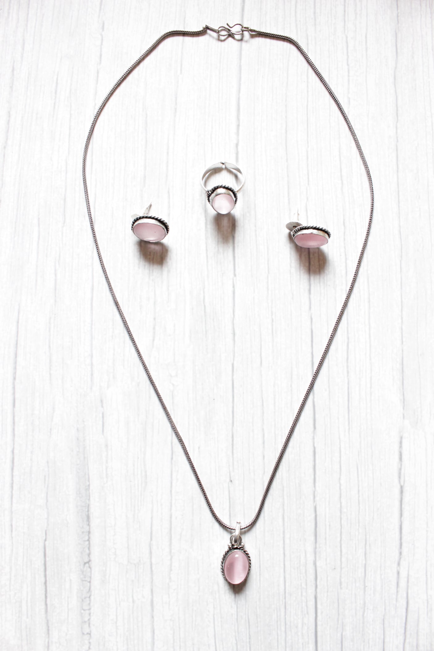 Pink Natural Stone Embedded Silver Finish Necklace Set with Ring