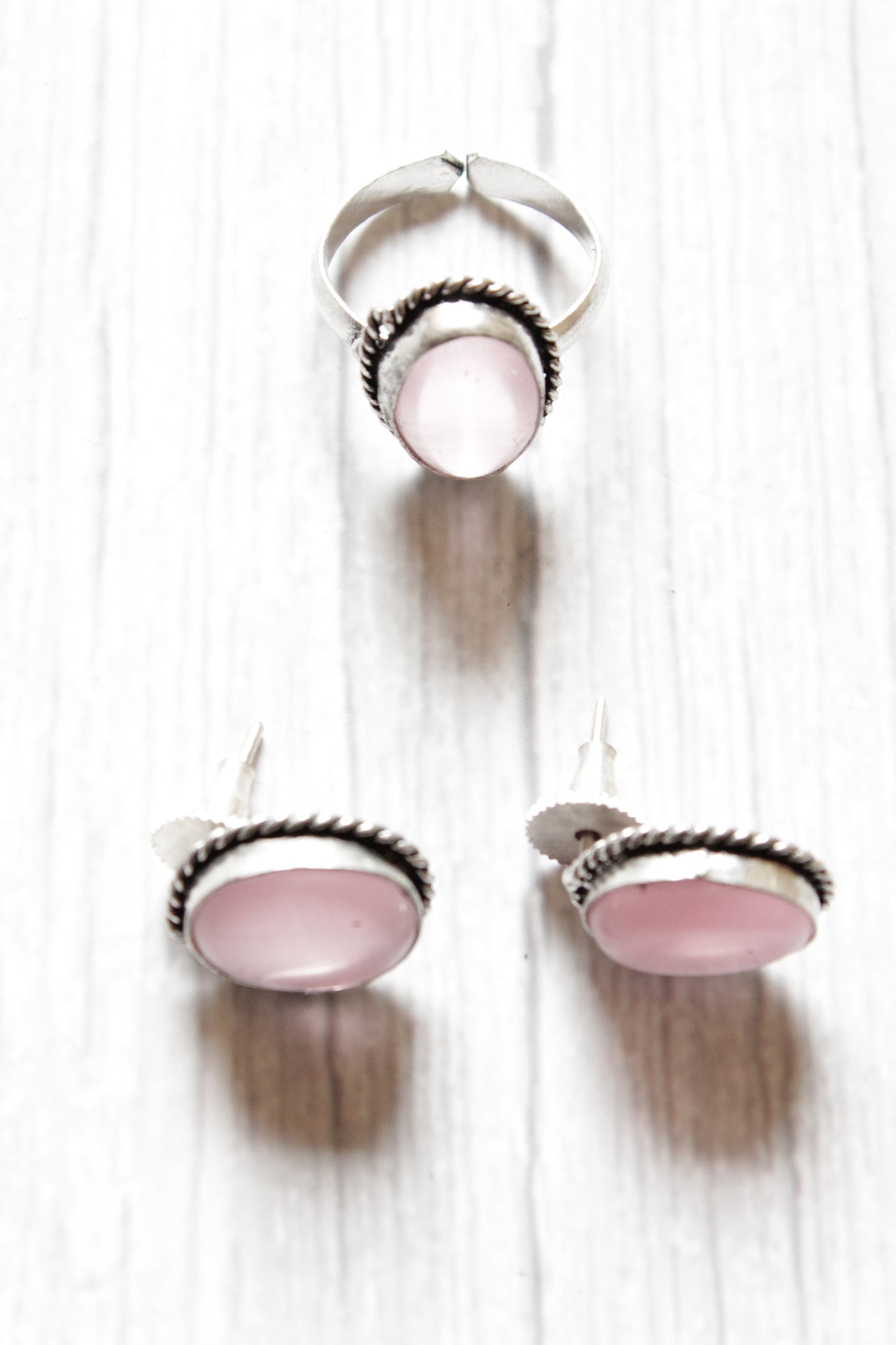 Pink Natural Stone Embedded Silver Finish Necklace Set with Ring