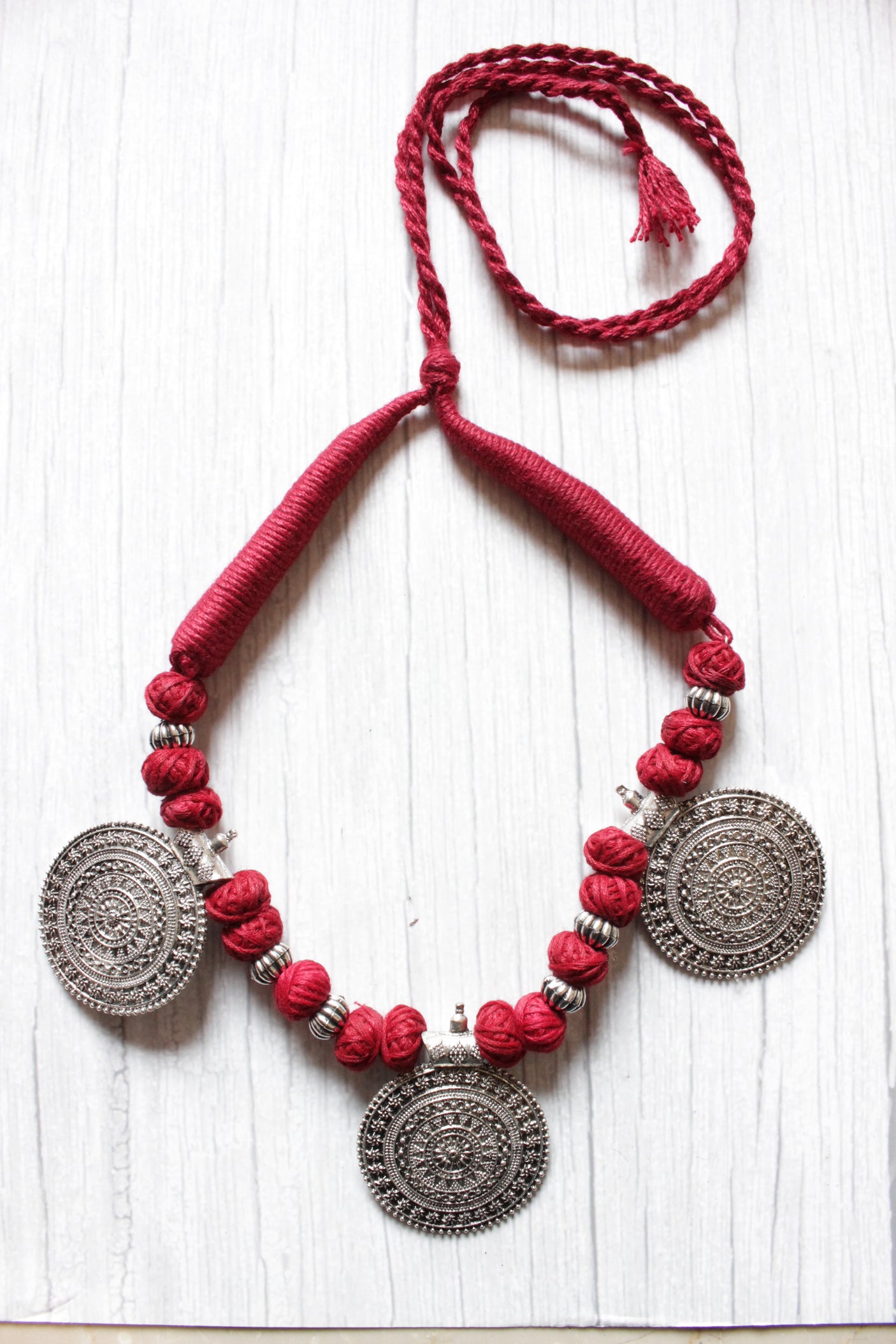 Oxidised Finish Chakra Pattern Pendant Handcrafted Fabric Beads Choker Necklace