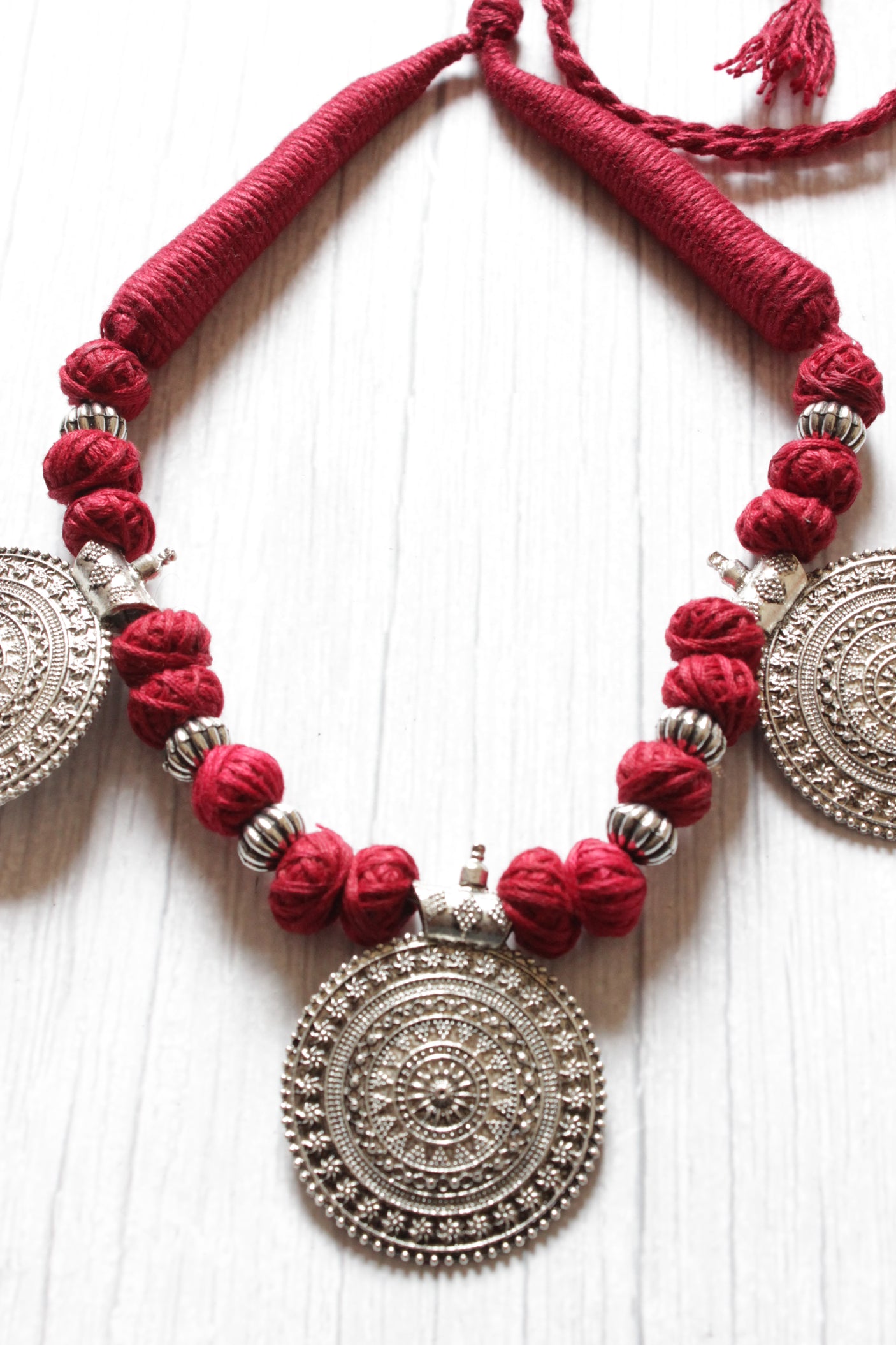 Oxidised Finish Chakra Pattern Pendant Handcrafted Fabric Beads Choker Necklace