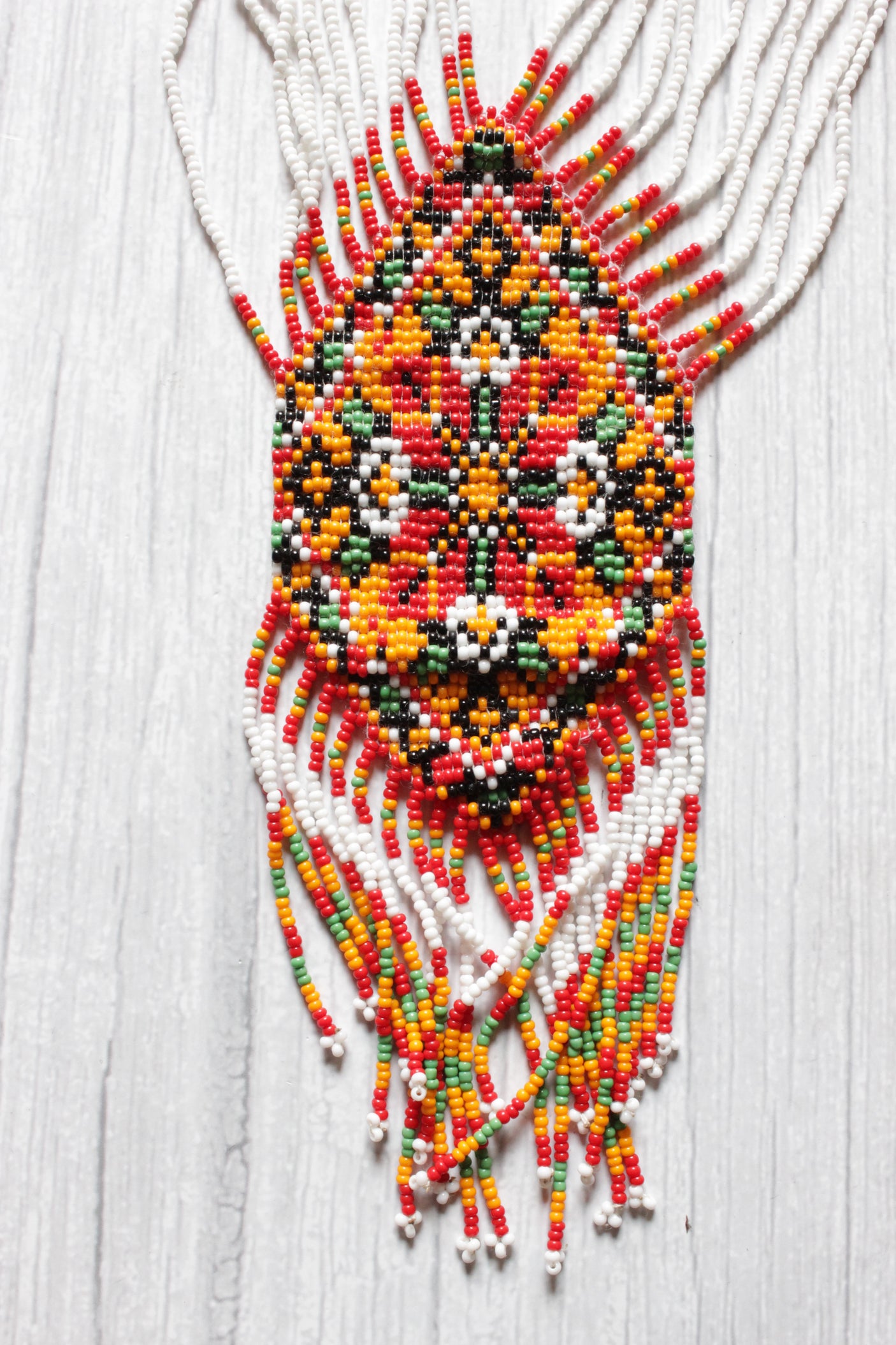 Red, White & Multi-Color Handcrafted Beaded Necklace Set with Dangler Earrings