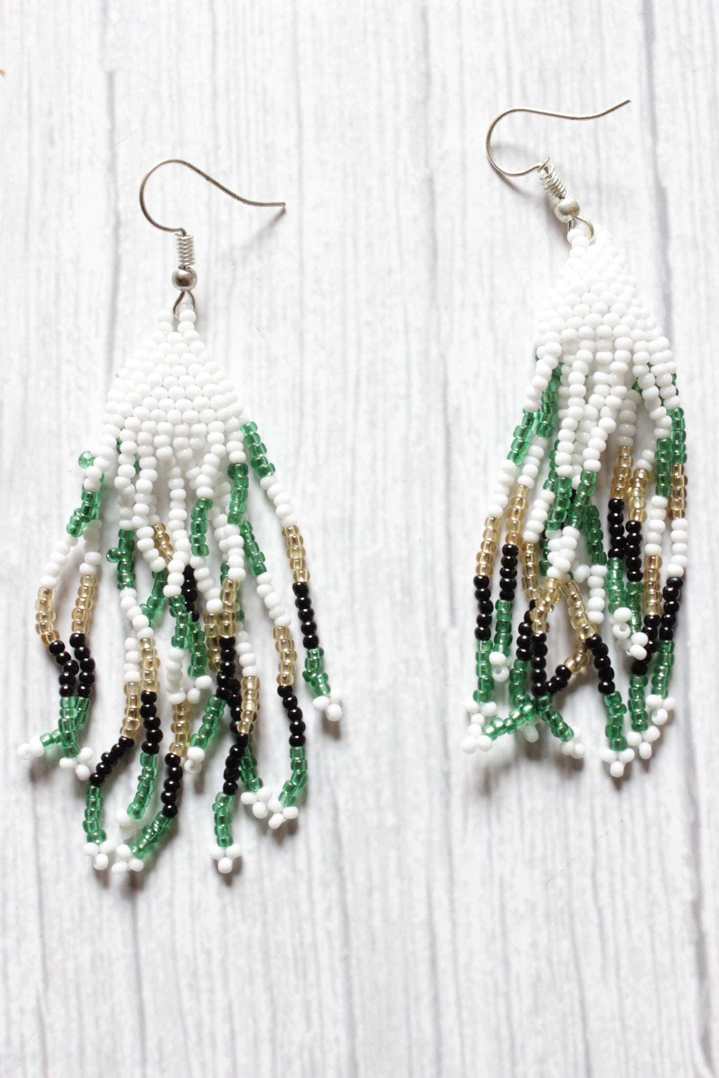Elegant Green and White Handcrafted Beaded Necklace Set with Dangler Earrings