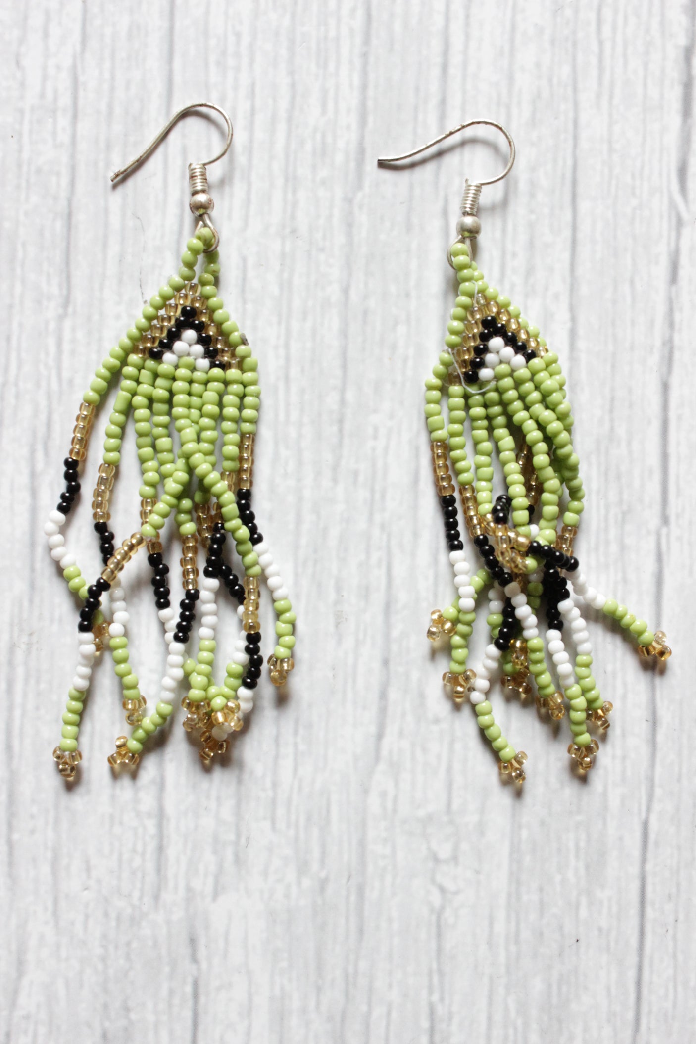 Green and White Elaborate Handcrafted Beaded Necklace Set with Dangler Earrings
