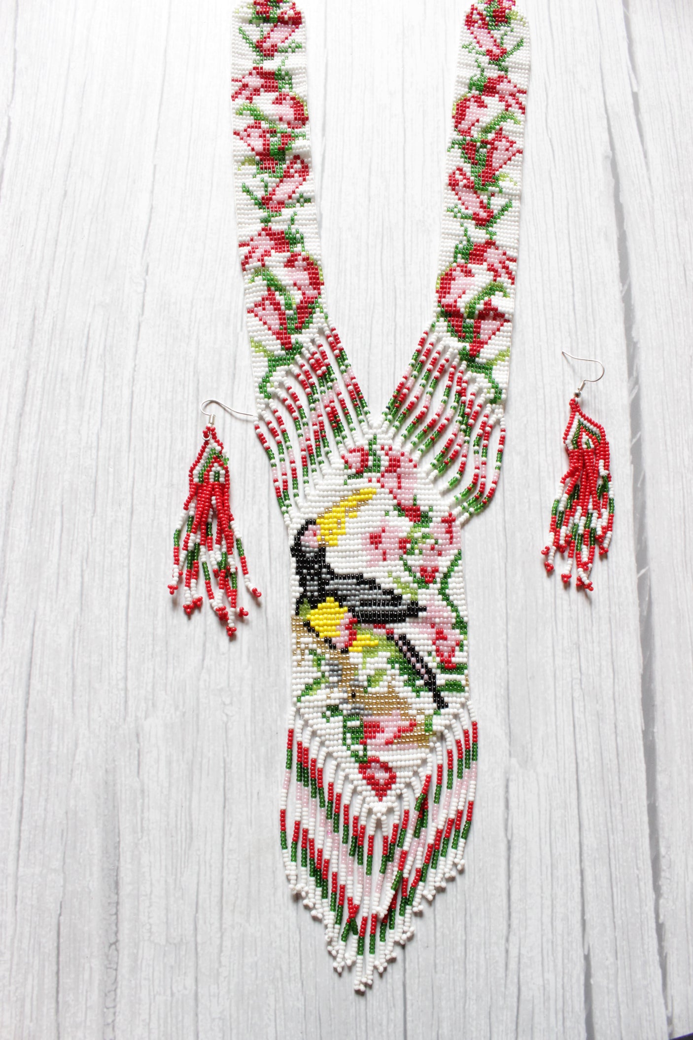 Multi-Color Elaborate Handcrafted Beaded Necklace Set with Dangler Earrings