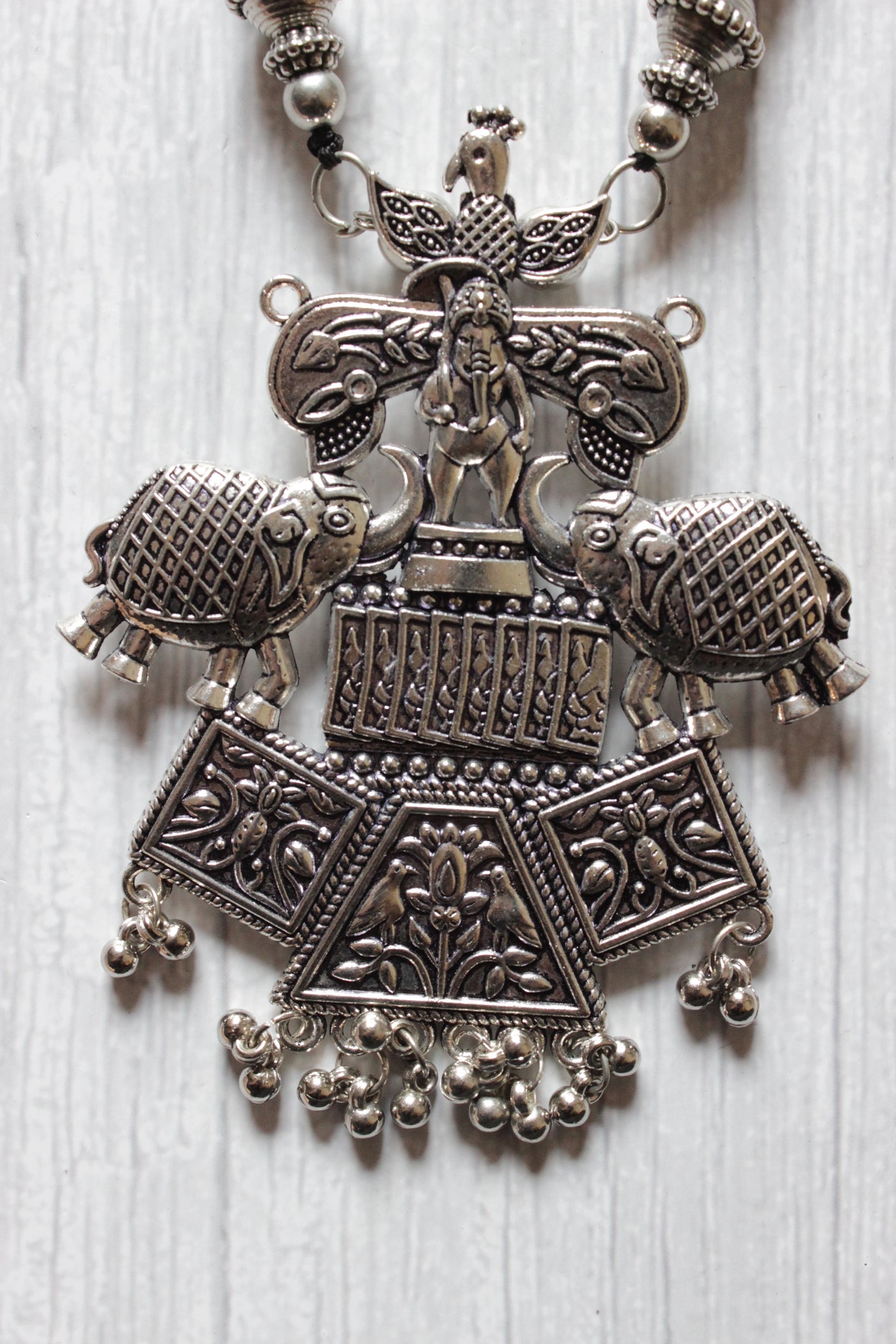 Stringed Black Beads Elephant Motif Pendant Long Necklace Set