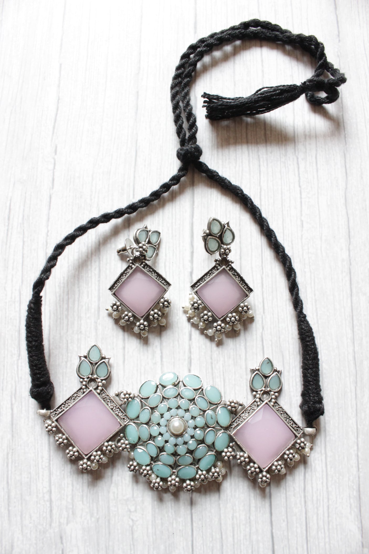 Turquoise and Baby Pink Glass Stones Embedded Elaborate Choker Necklace Set with Adjustable Thread Closure