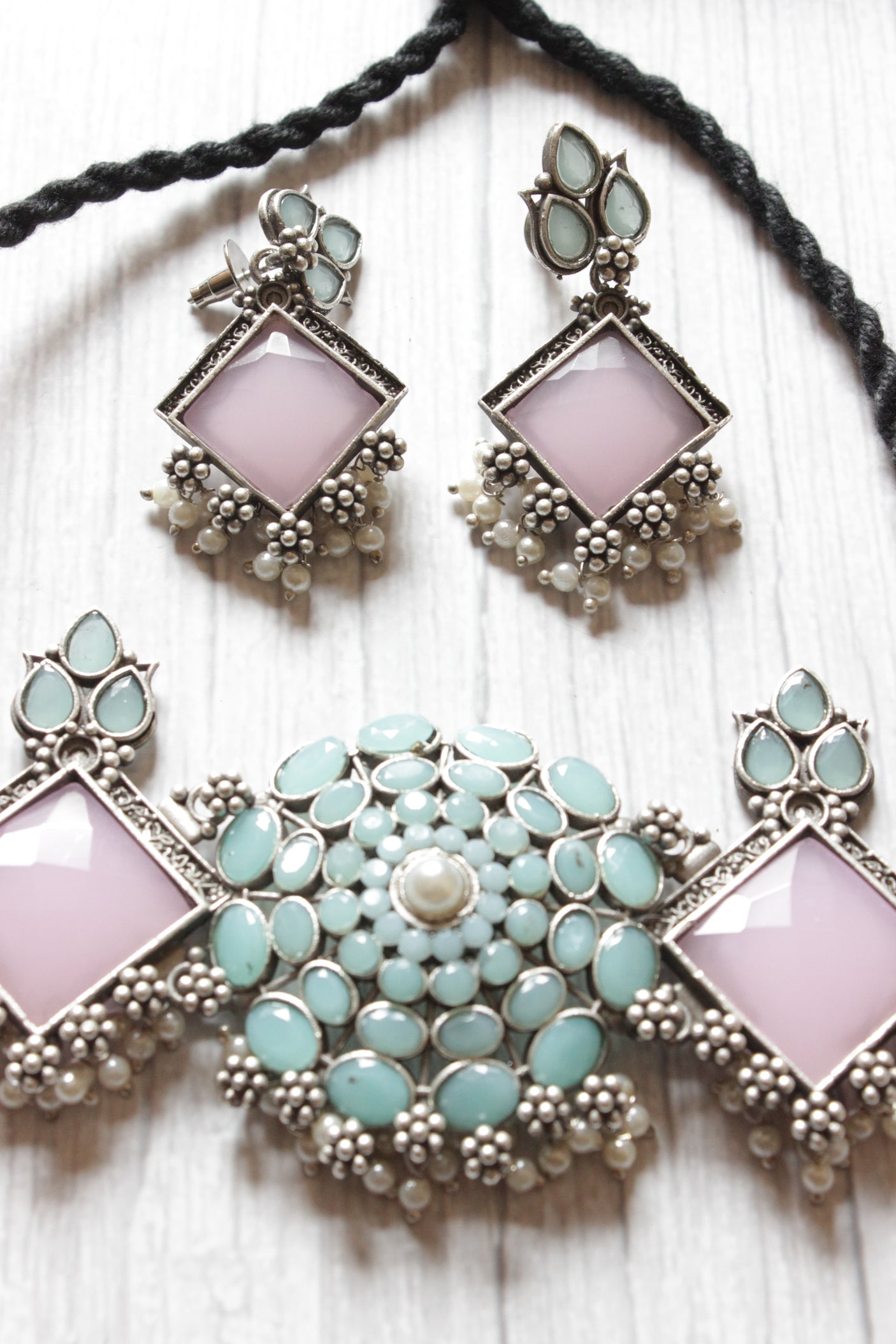 Turquoise and Baby Pink Glass Stones Embedded Elaborate Choker Necklace Set with Adjustable Thread Closure