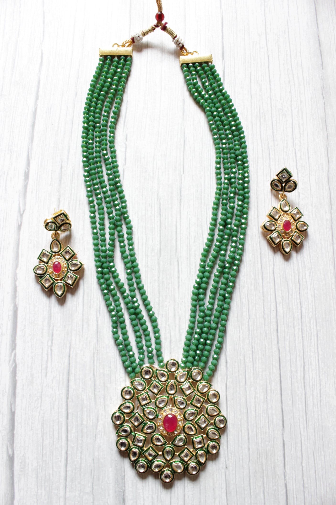 Sea Green Natural Glass Beads Stringed Kundan Long Necklace Set