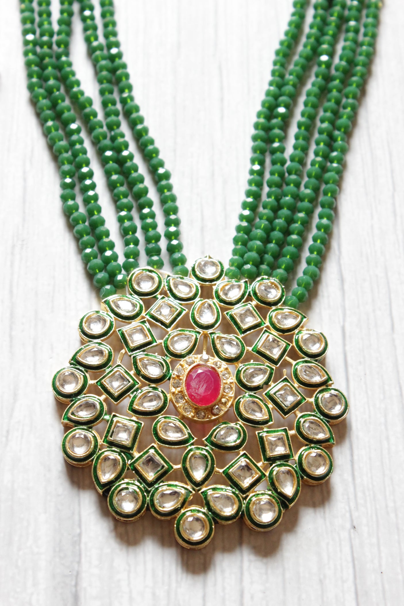 Sea Green Natural Glass Beads Stringed Kundan Long Necklace Set