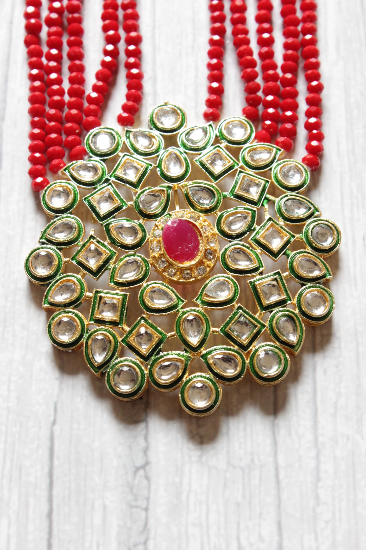 Red Natural Glass Beads Stringed Kundan Long Necklace Set