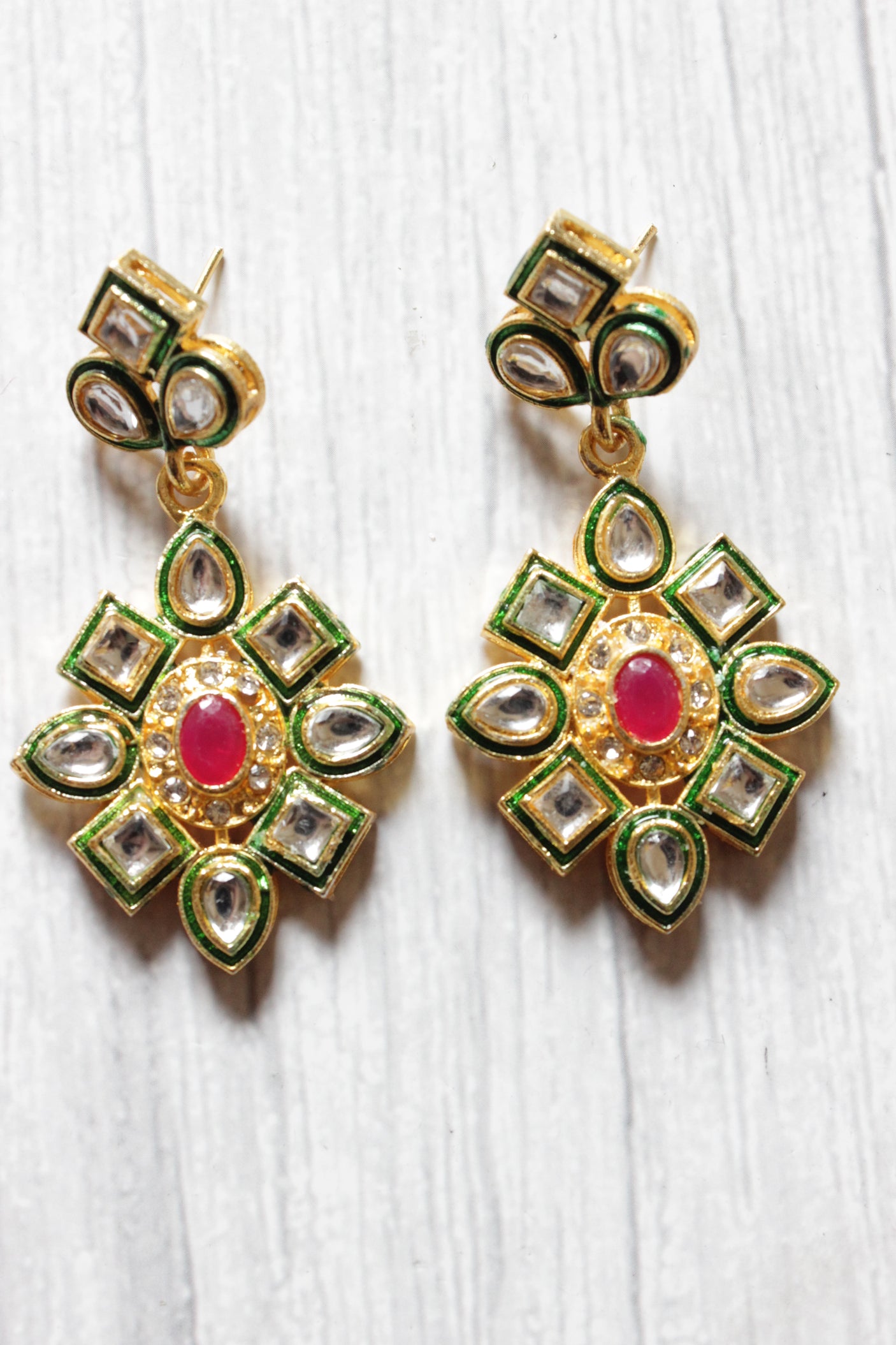 Red Natural Glass Beads Stringed Kundan Long Necklace Set