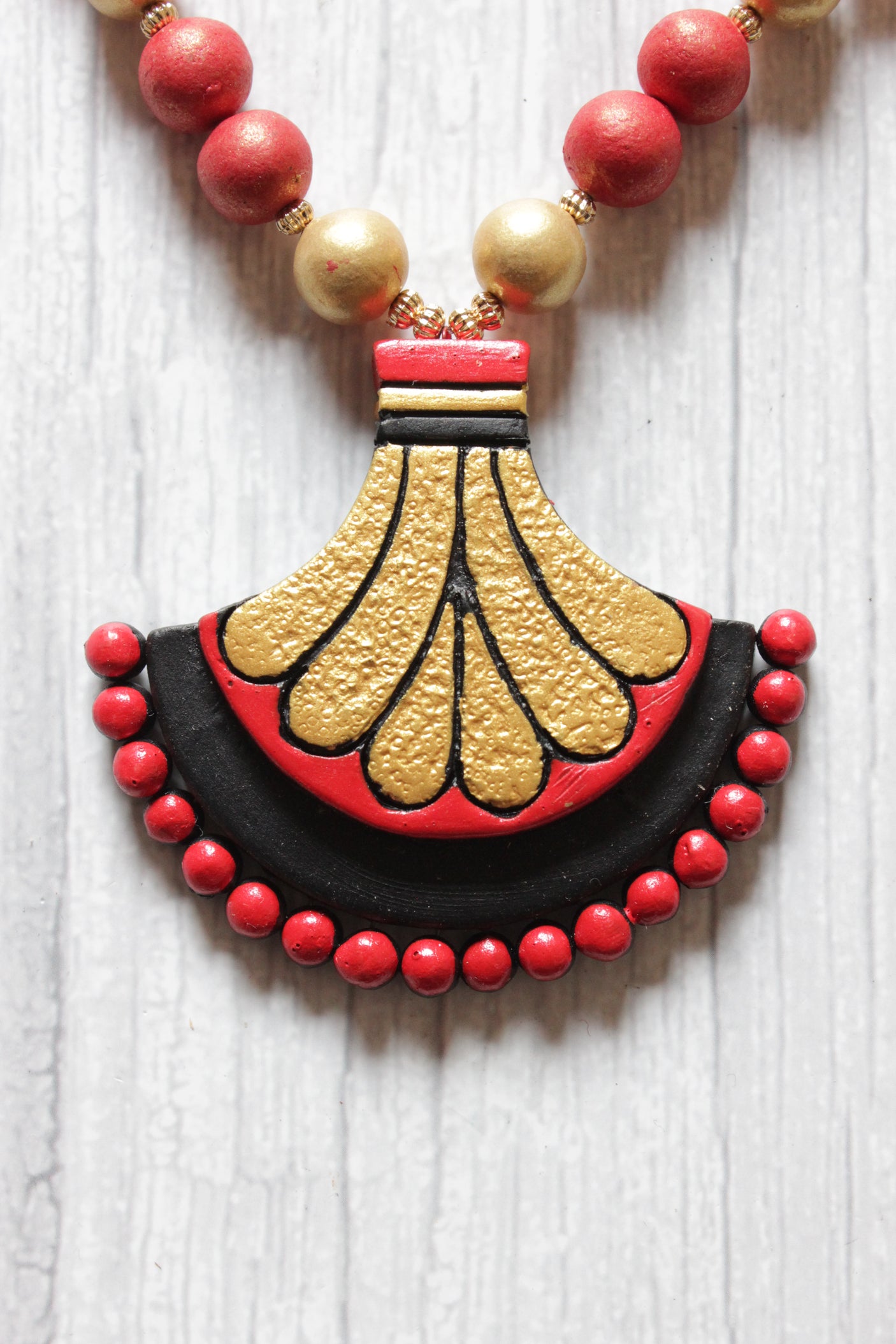 Handcrafted Red and Golden Beads Terracotta Clay Necklace Set