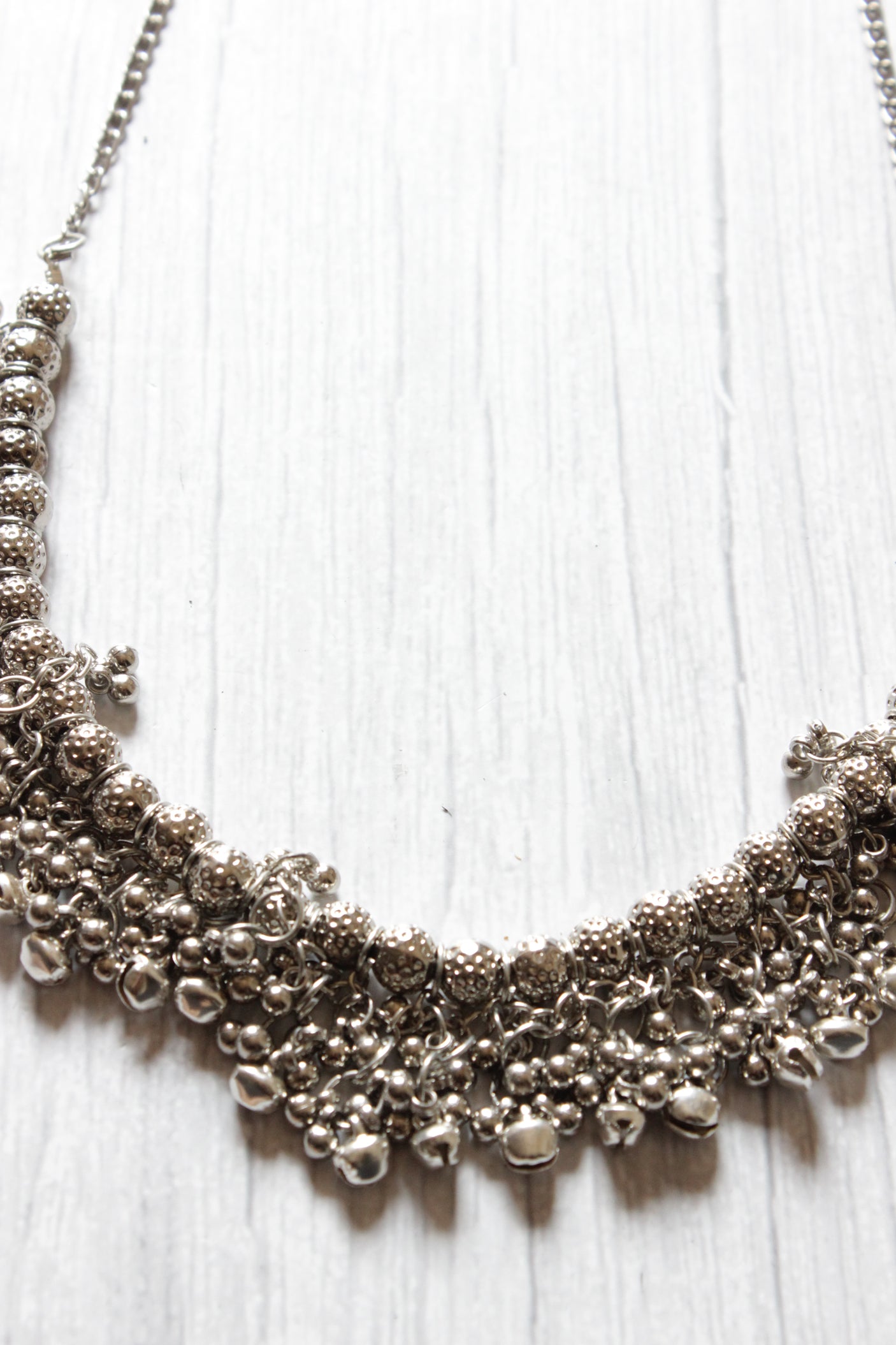 Oxidised Finish Long Chain Necklace with Ghungroo Shaped Beads