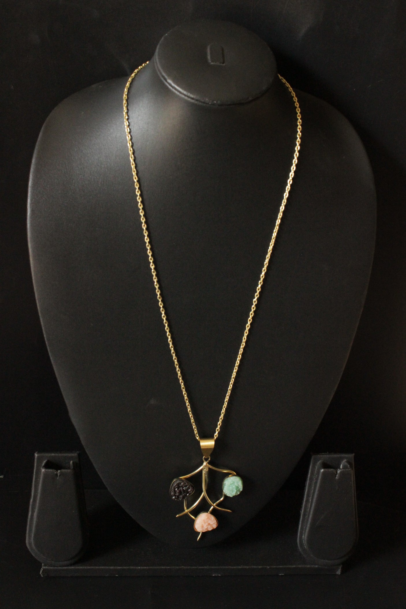 Pink, Blue and Black Natural Sugar Druzy Gemstones Embedded Silver Finish Warrior Necklace