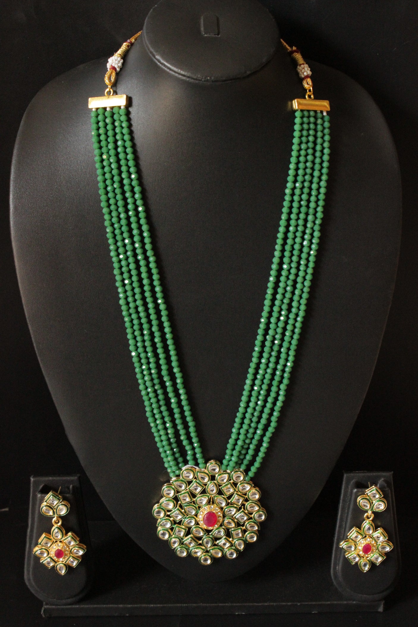Sea Green Natural Glass Beads Stringed Kundan Long Necklace Set