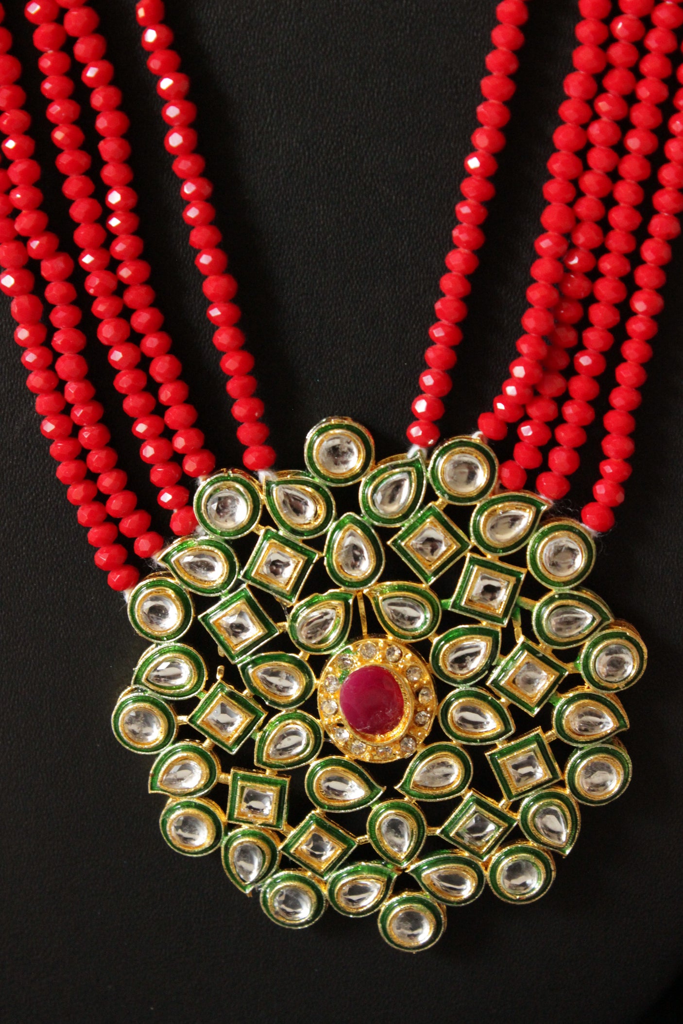 Red Natural Glass Beads Stringed Kundan Long Necklace Set